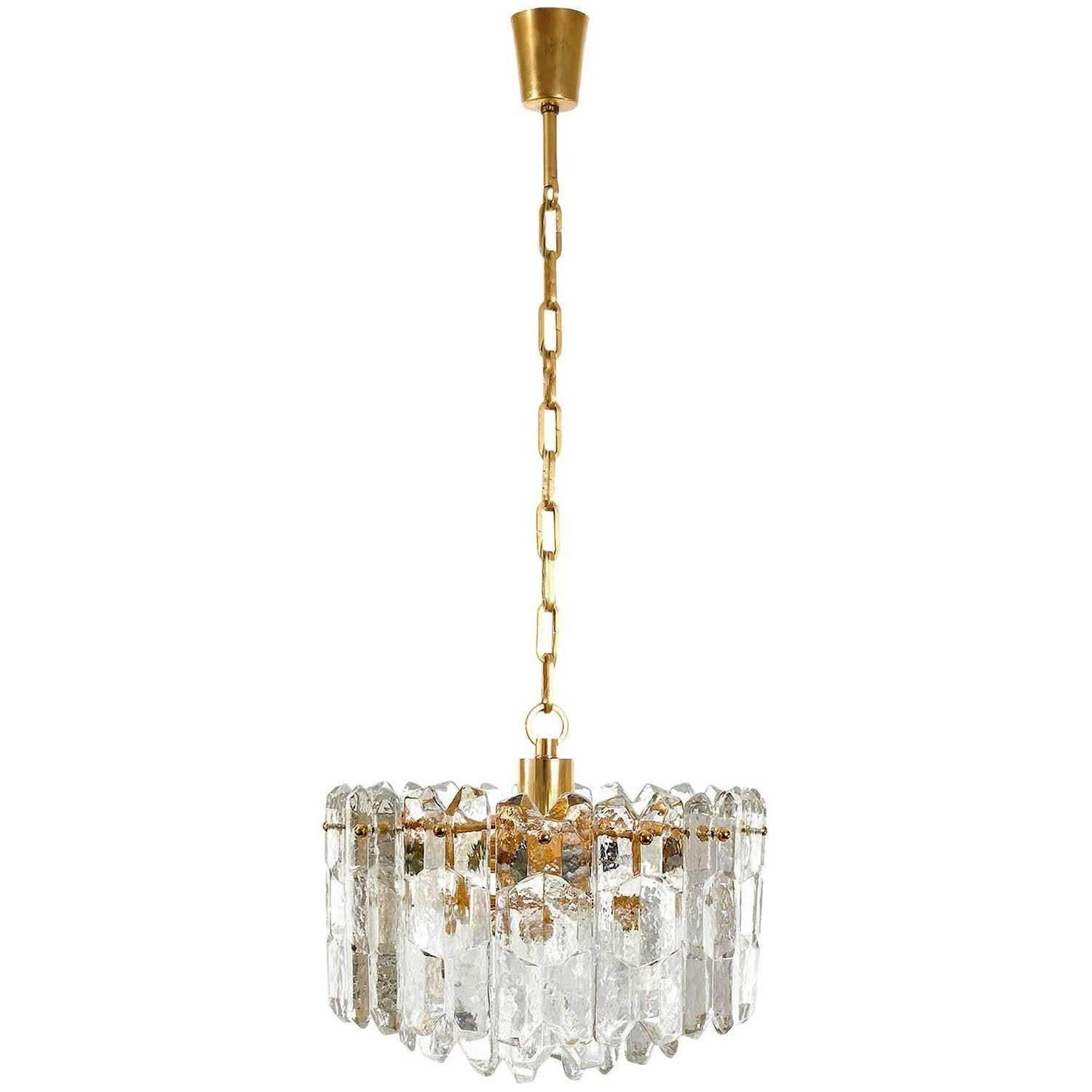 Mid-Century Modern Set of Kalmar Chandelier Pendant Light Sconces 'Palazzo', Gilt Brass Glass, 1970