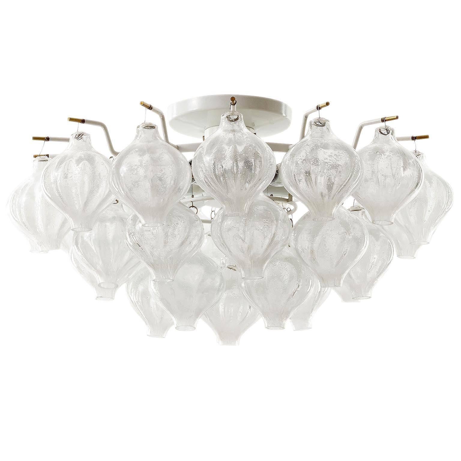 Mid-Century Modern Set of Kalmar Flush Mount Light and Pair of Sconces 'Tulipan', Glass Brass, 1970 For Sale