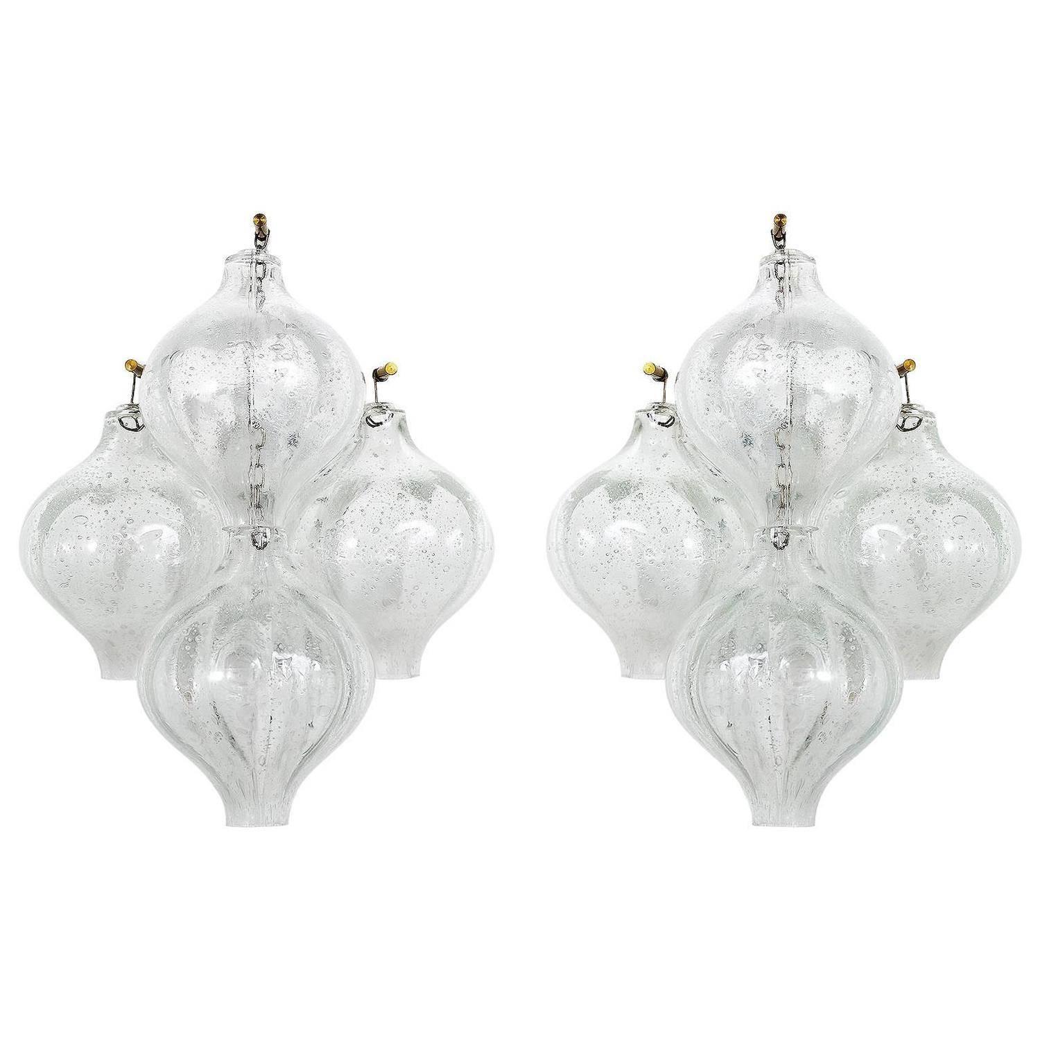 Set of Kalmar Flush Mount Light and Pair of Sconces 'Tulipan', Glass Brass, 1970 In Good Condition For Sale In Hausmannstätten, AT