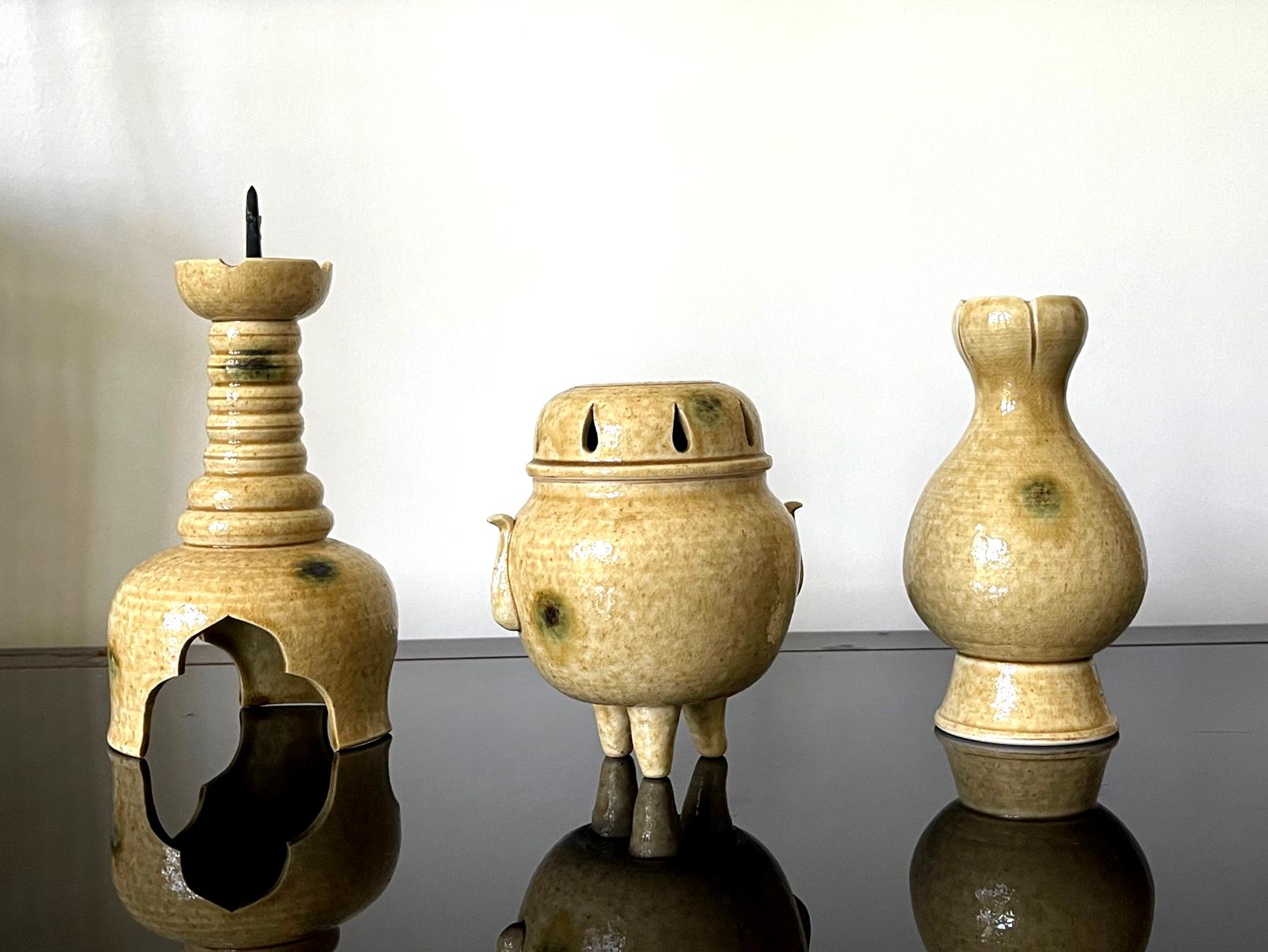 Glazed Set of Ki-Seto Ceramic Altar Pieces from Korean Empire Period For Sale