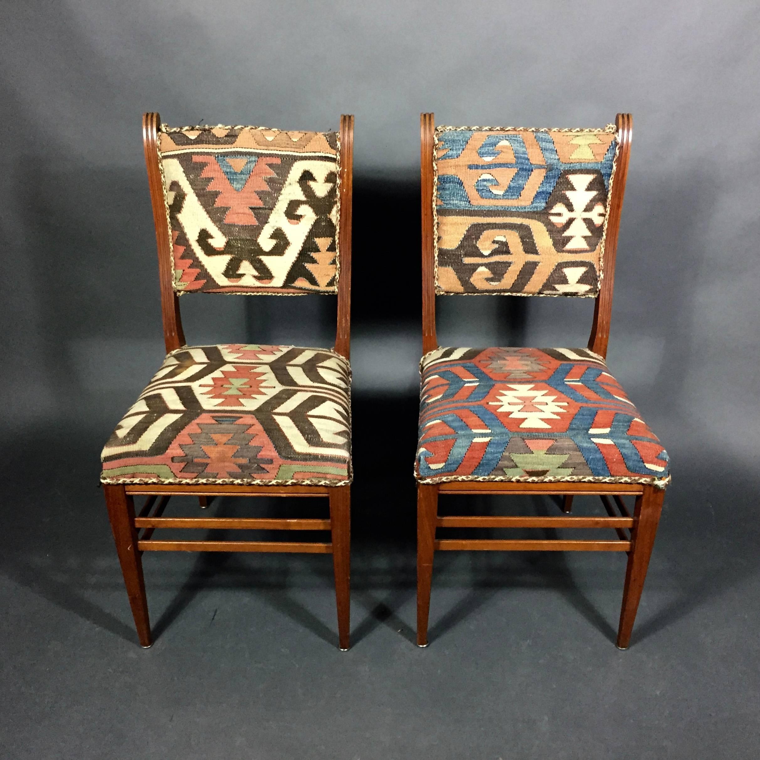 Set of Kilim Covered Mahogany Chairs, Sweden, circa 1900 For Sale 1