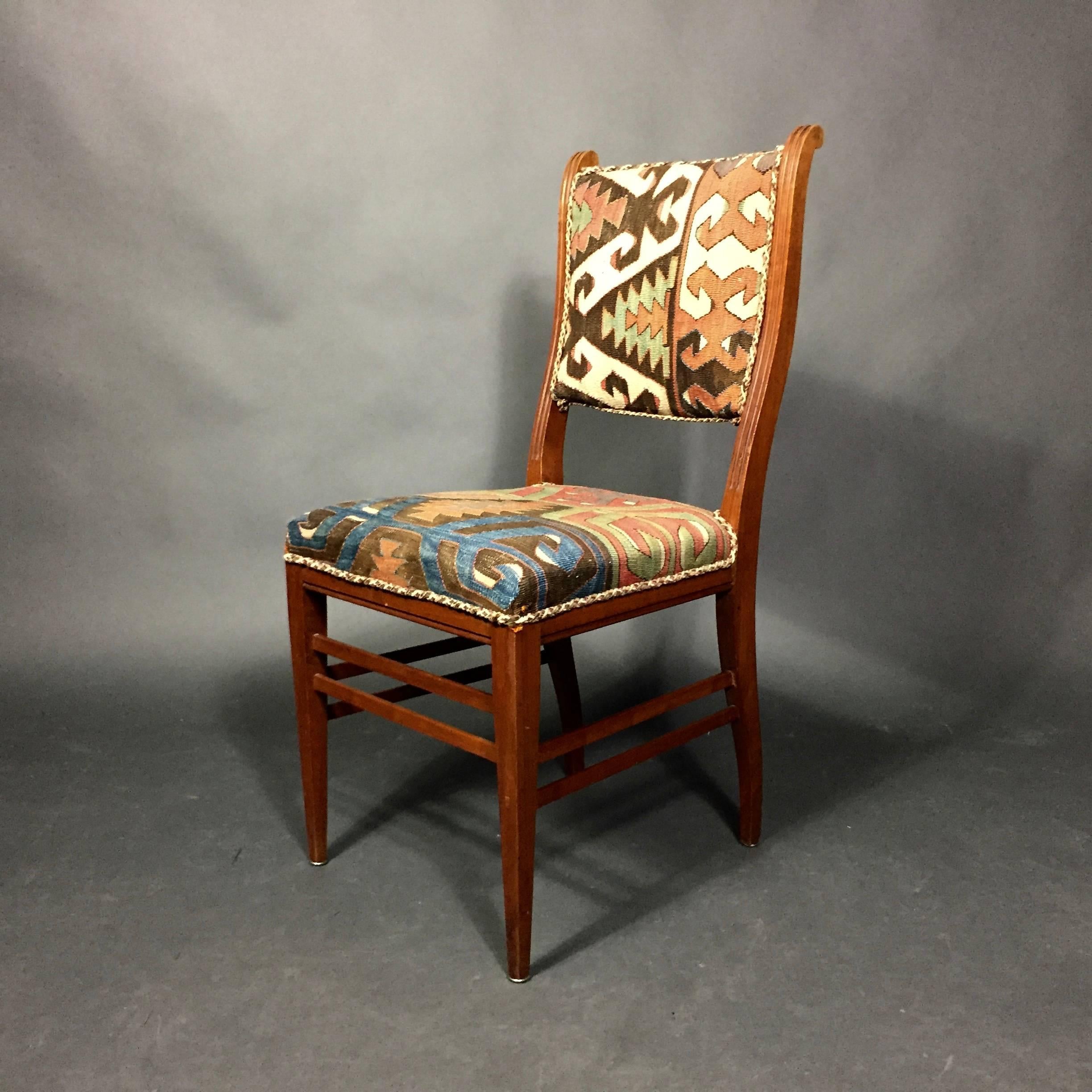 Art Nouveau Set of Kilim Covered Mahogany Chairs, Sweden, circa 1900 For Sale
