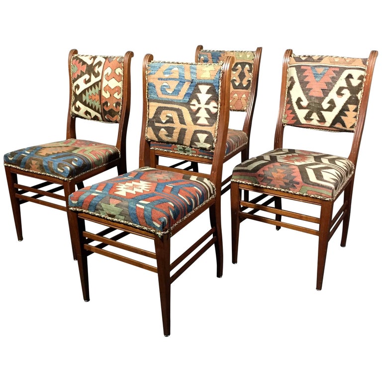 Set of Kilim Covered Mahogany Chairs, Sweden, circa 1900 For Sale at