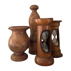 Antique Set of Kitchen Treen with 2 Hourglasses, One Candlestick Holder and Pepper Mill