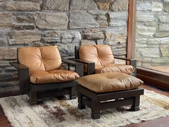 Set of Klaus Rausch 70's Brutalist leather lounge chairs + ottoman + side table
