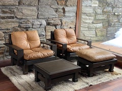 Set of Klaus Rausch 70's Brutalist leather lounge chairs + ottoman + side table