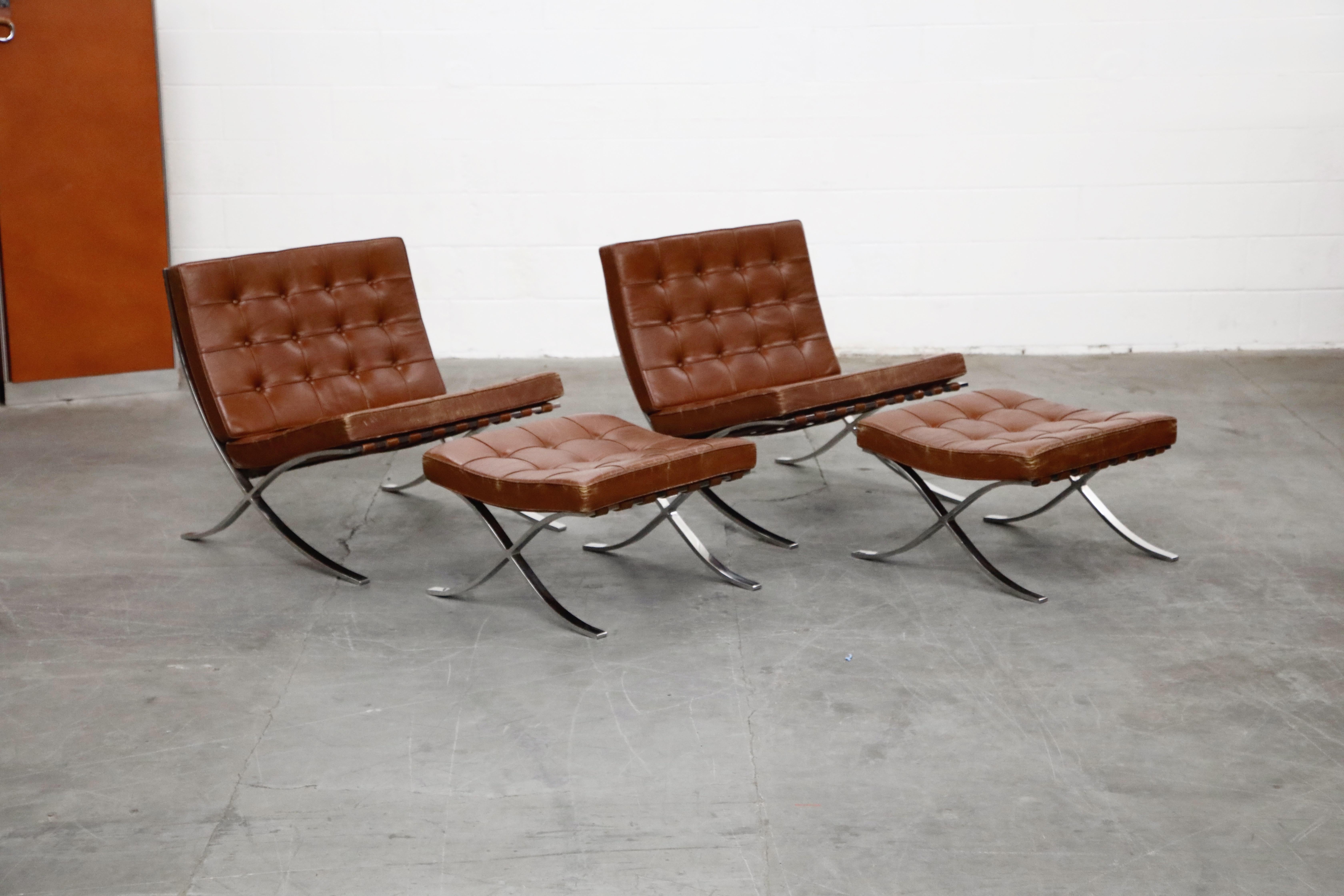 This listing is for a highly sought-after-by-collectors 'Original 1st Generation Production' set of two (2) Triple Signed Knoll Associates Barcelona Chairs with two (2) matching Ottomans by Ludwig Mies van der Rohe, circa 1961 in original deep brown