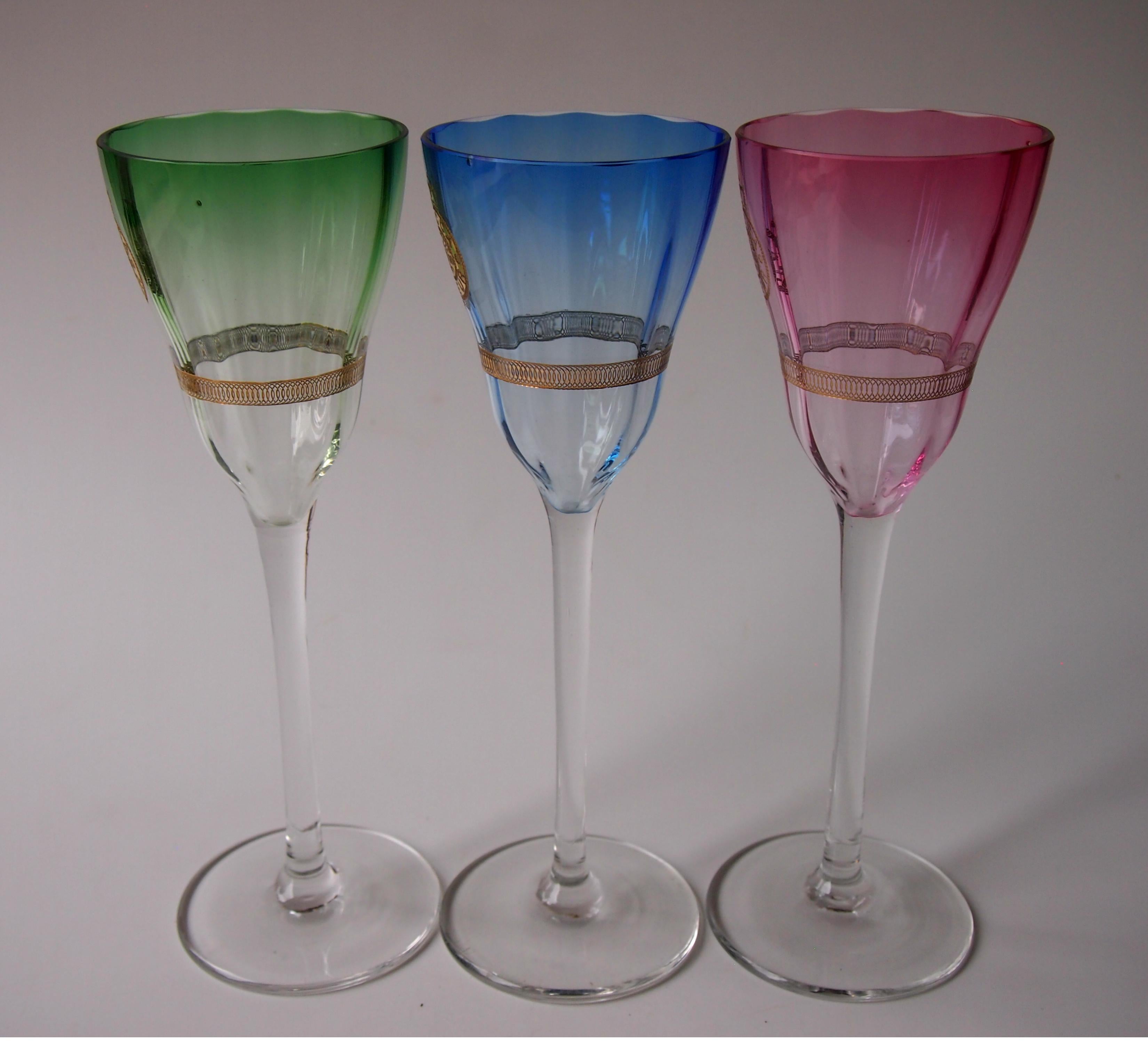 Early 20th Century Set of Koloman Moser Designed 'Lucca Liquor' Bohemian Glasses by Meyr's Neffe For Sale