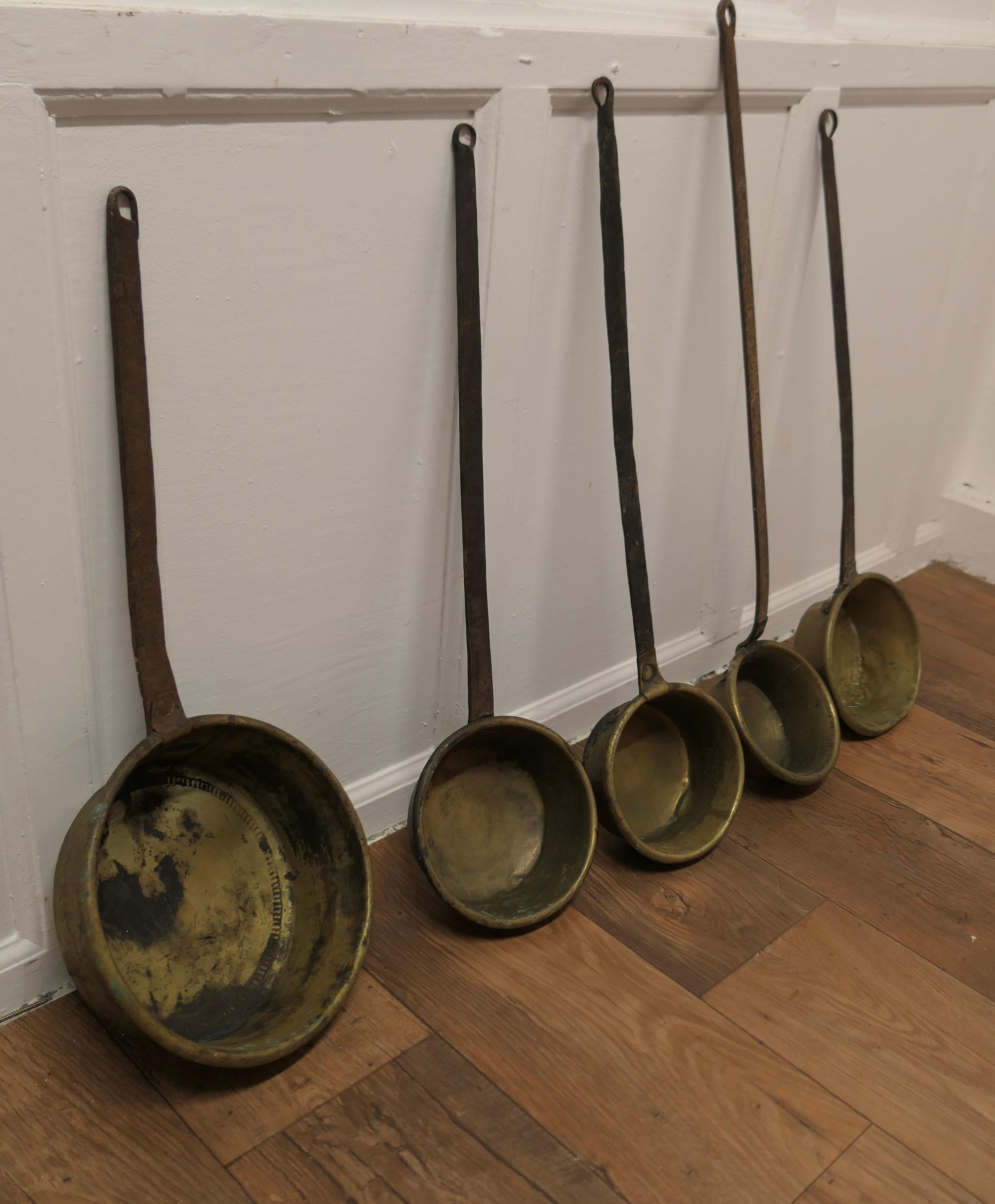 Industrial Set of Large 19th Century Brass and Iron Ladles a Great Set For Sale
