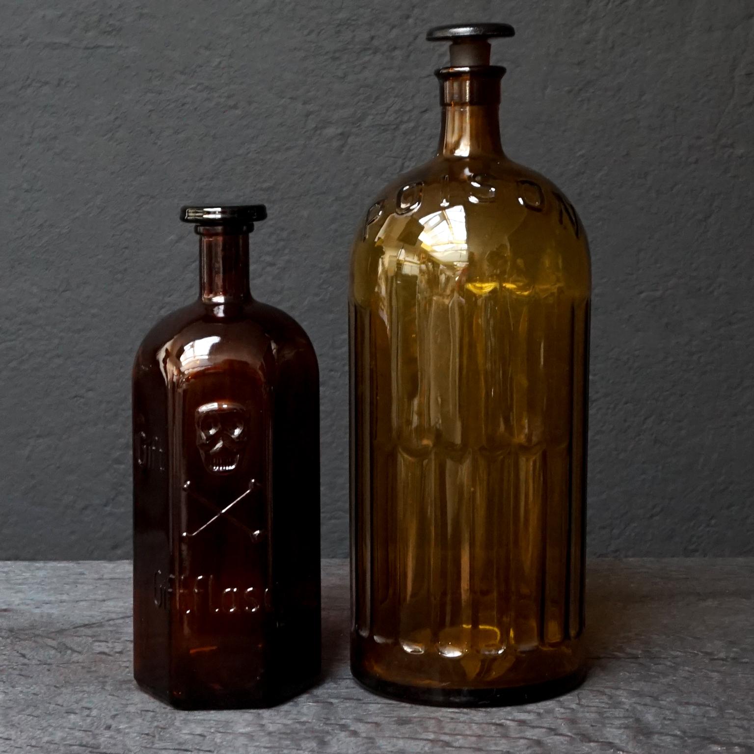 Pressed Early 20th Century Set of Large Amber Glass Apothecary Poison Bottles