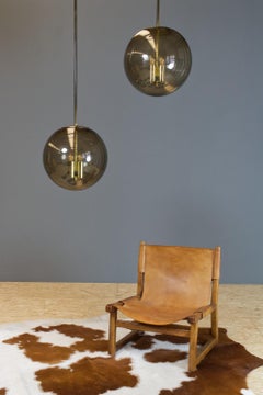 Set of 2 Large Amber Smoked Glass Hand Blown Lights and Brass Armature, 1970s