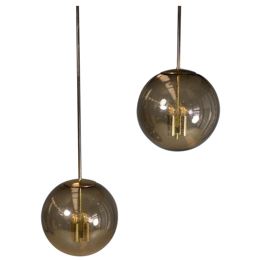 Set of 2 Large Amber Smoked Glass Hand Blown Lights and Brass Armature, 1970s For Sale