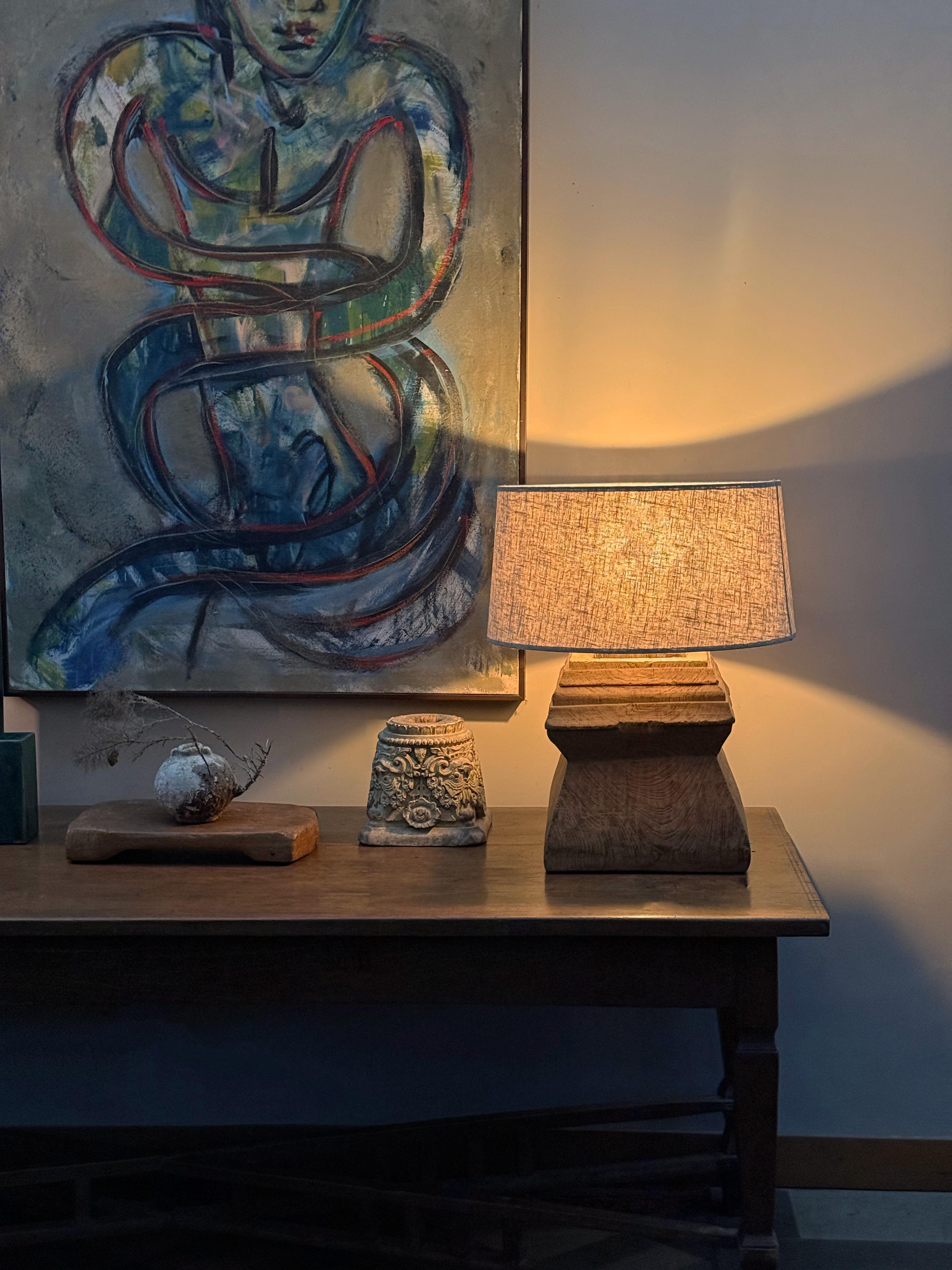Organic Modern Set of Large Antique Javanese Teak Column Base Lamps, Modern Organic For Sale