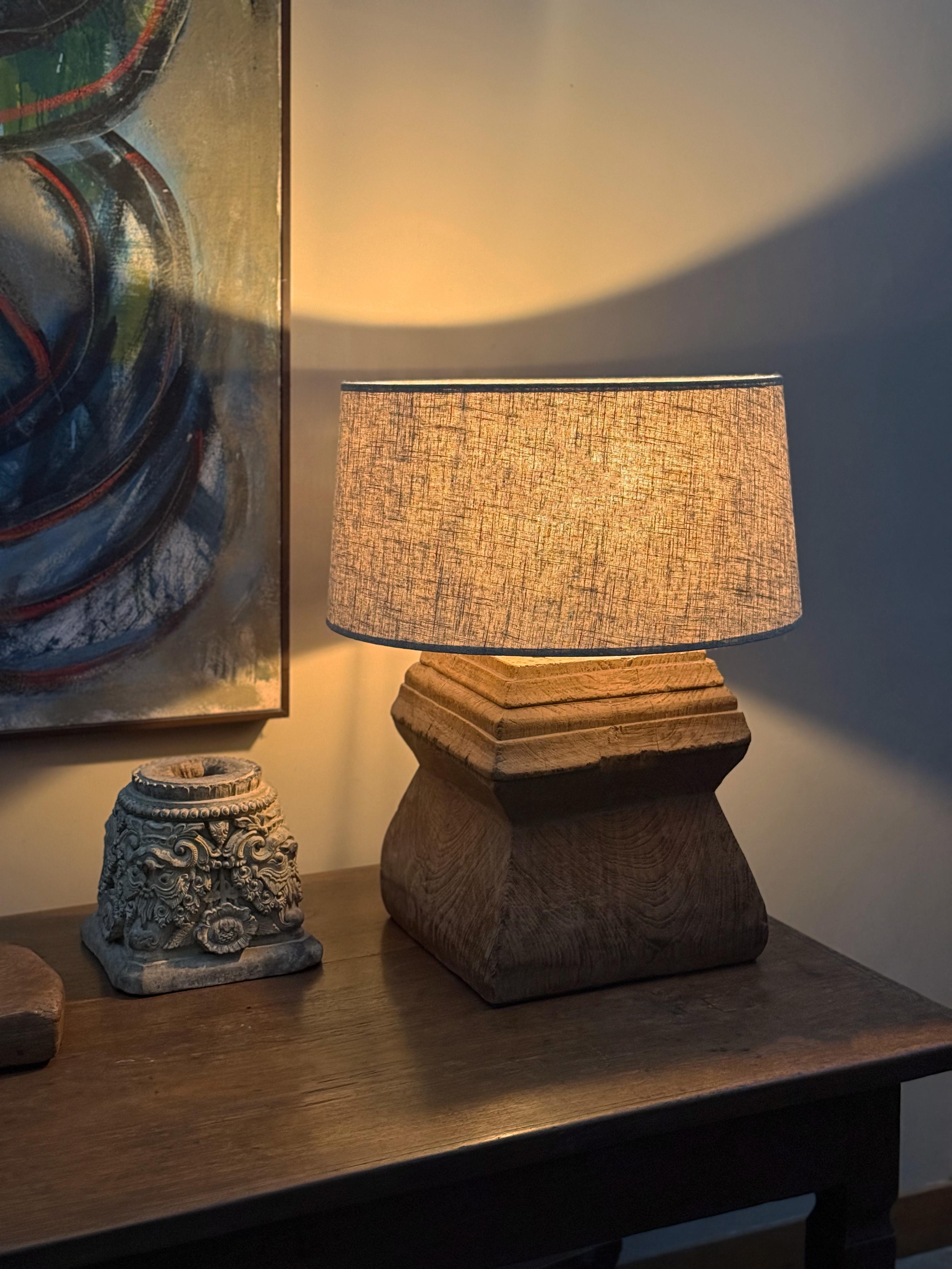 Indonesian Set of Large Antique Javanese Teak Column Base Lamps, Modern Organic For Sale