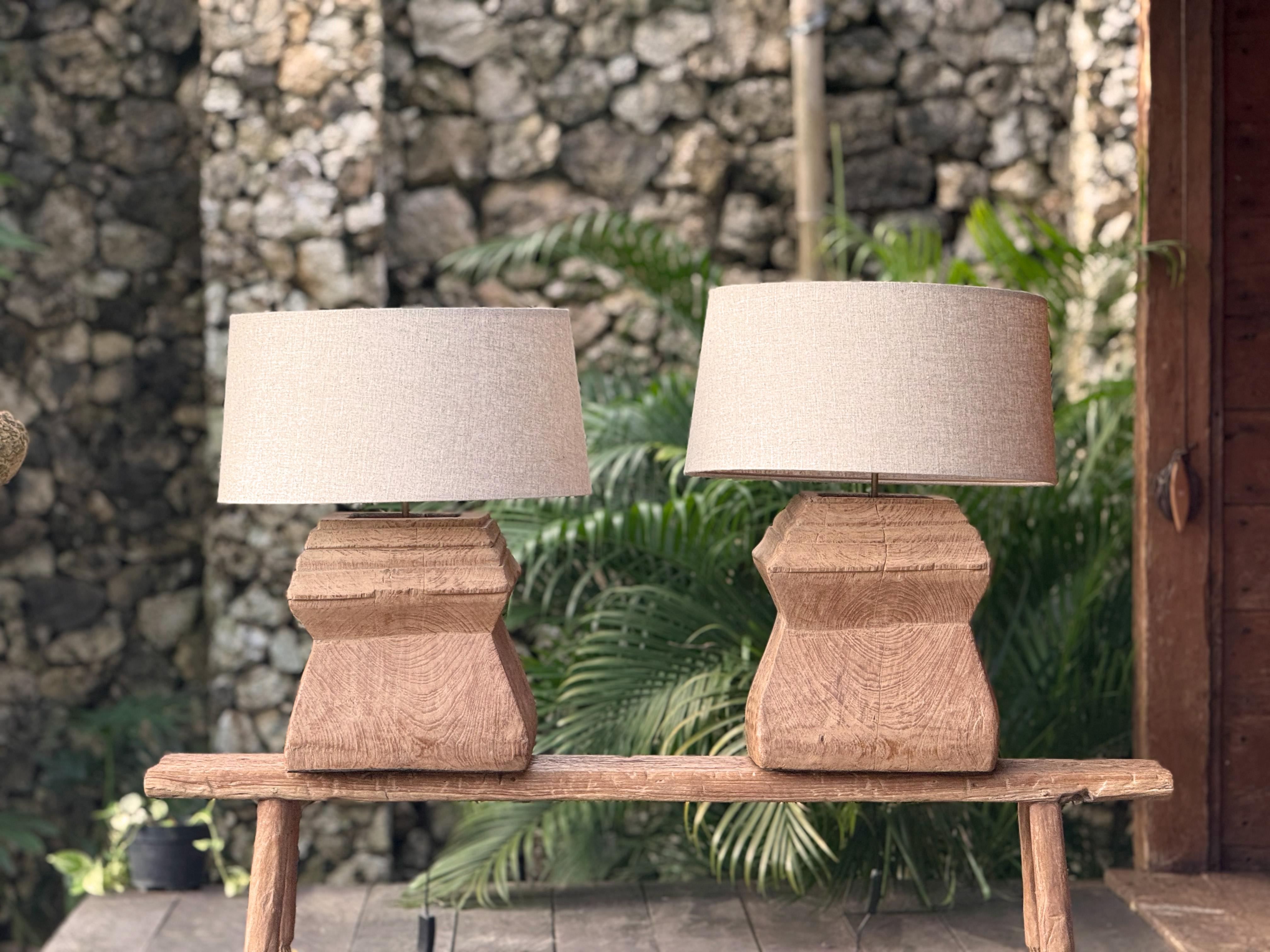 Contemporary Set of Large Antique Javanese Teak Column Base Lamps, Modern Organic For Sale