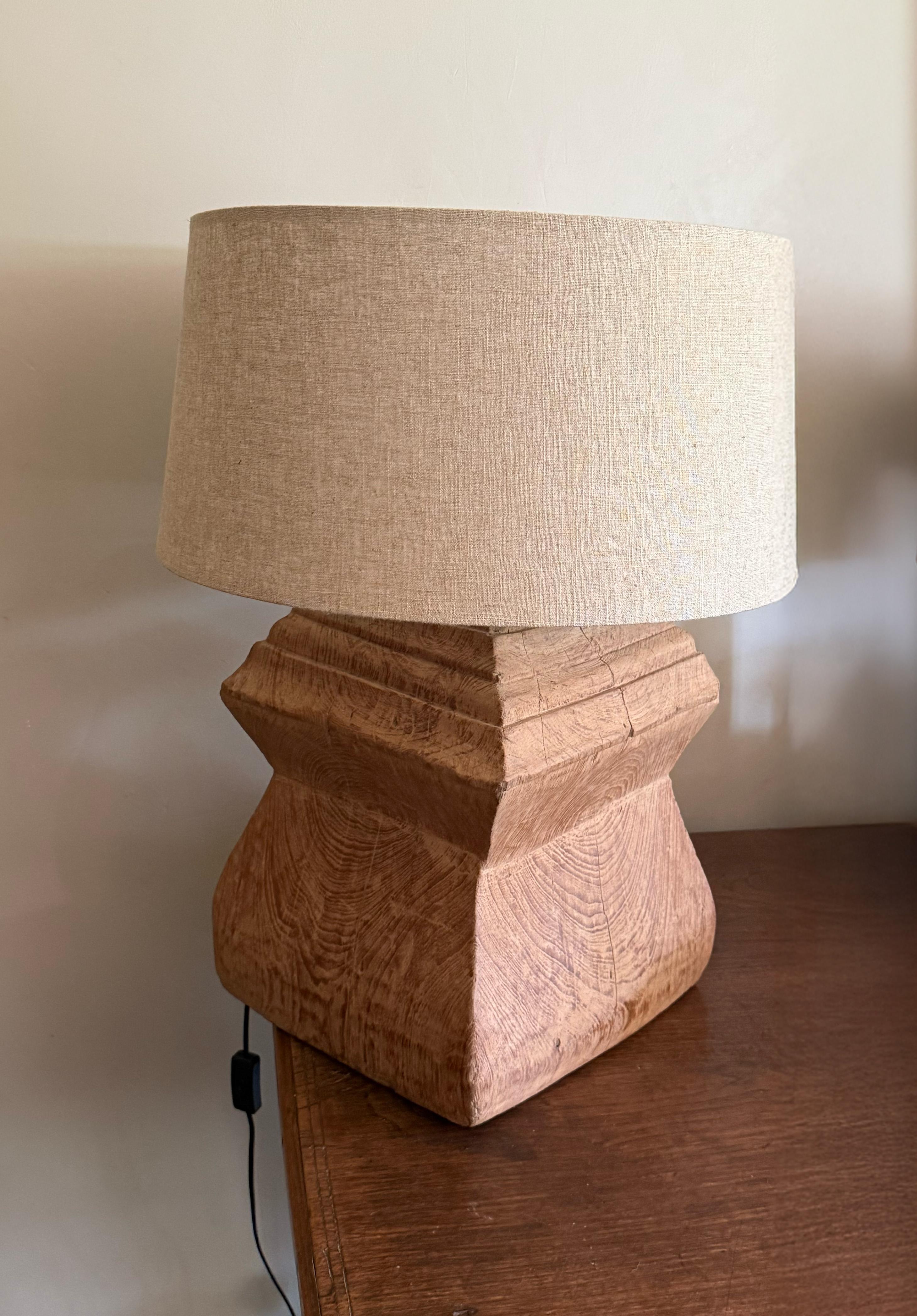 Set of Large Antique Javanese Teak Column Base Lamps, Modern Organic For Sale 3