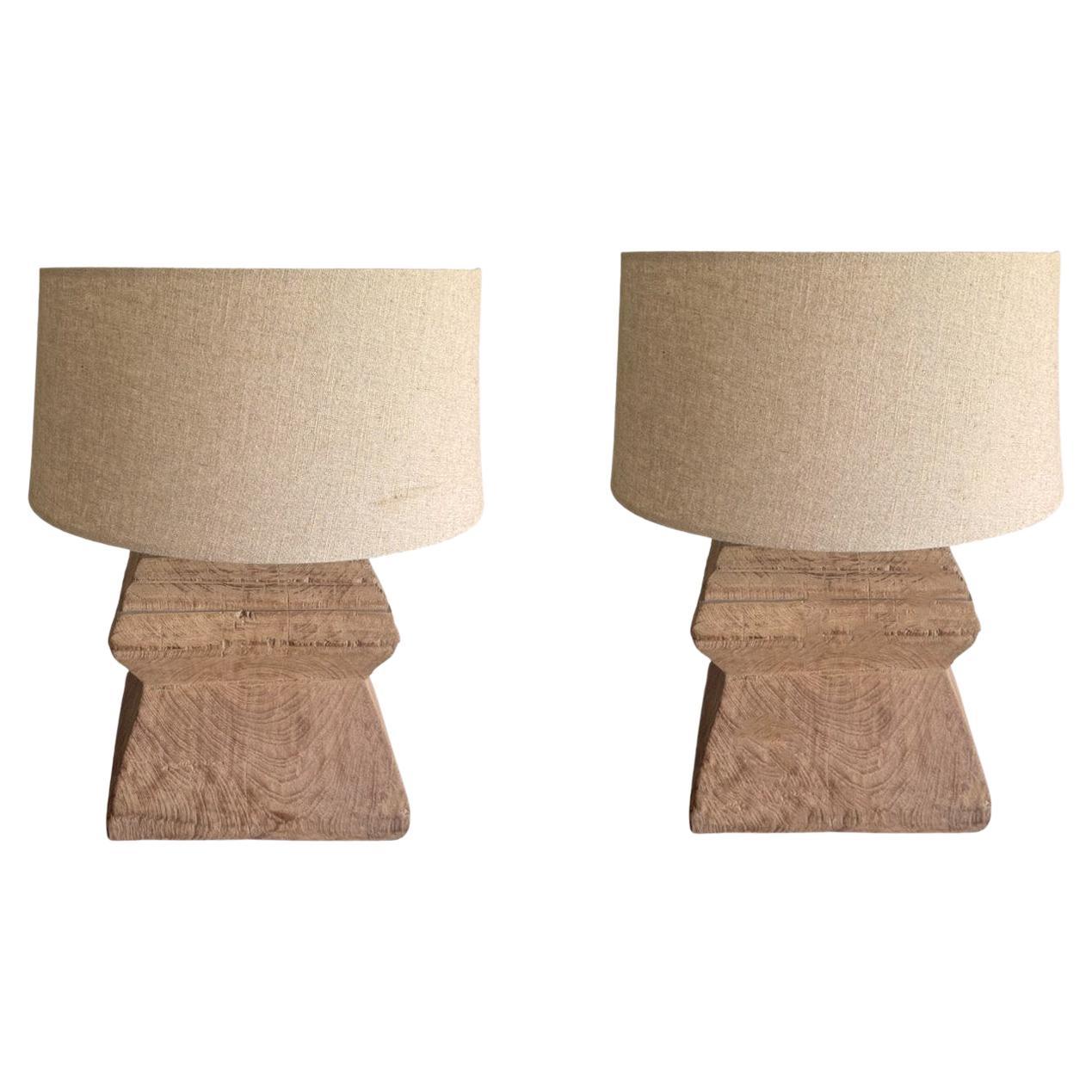 Set of Large Antique Javanese Teak Column Base Lamps, Modern Organic For Sale