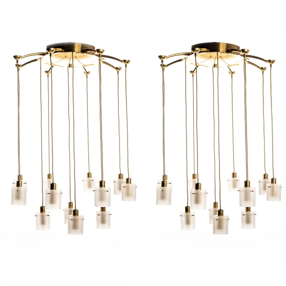 Set of Large Brass and Glass Chandeliers For Sale 2