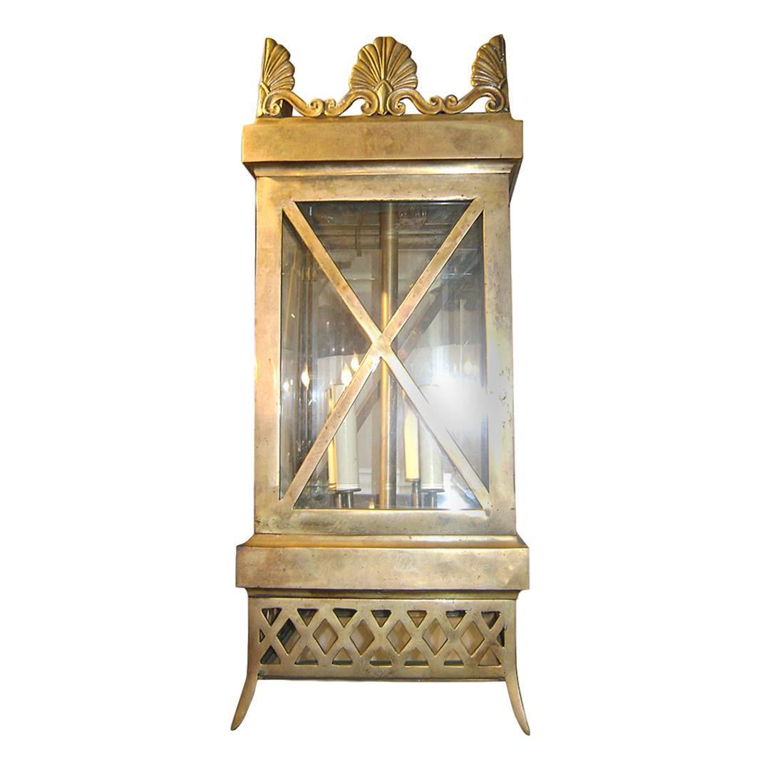  A circa 1920's English bronze lantern with glass panels. 

Measurements:
Length/width 10.5