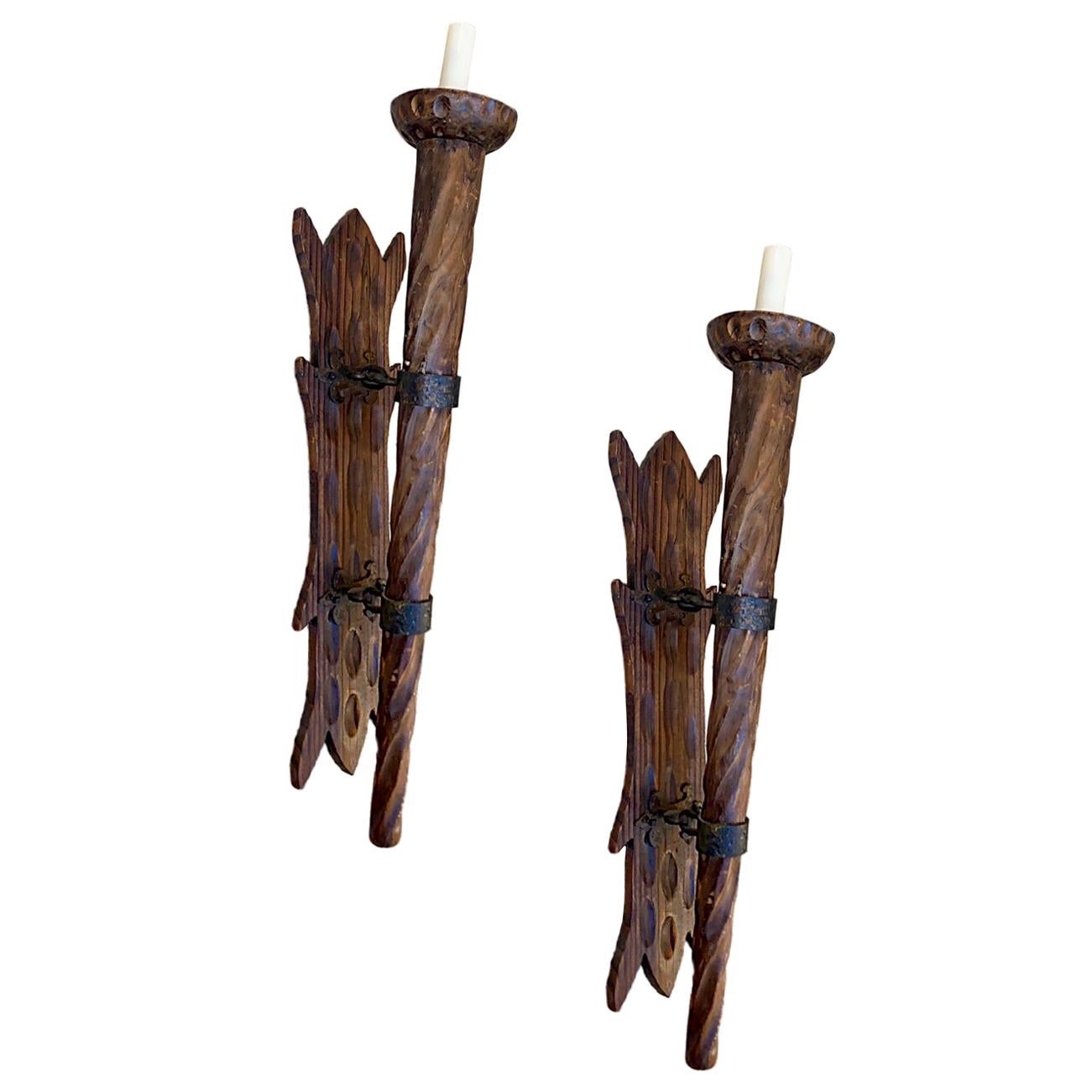 Set of Large Carved Wood Torch Sconces, Sold per Pair