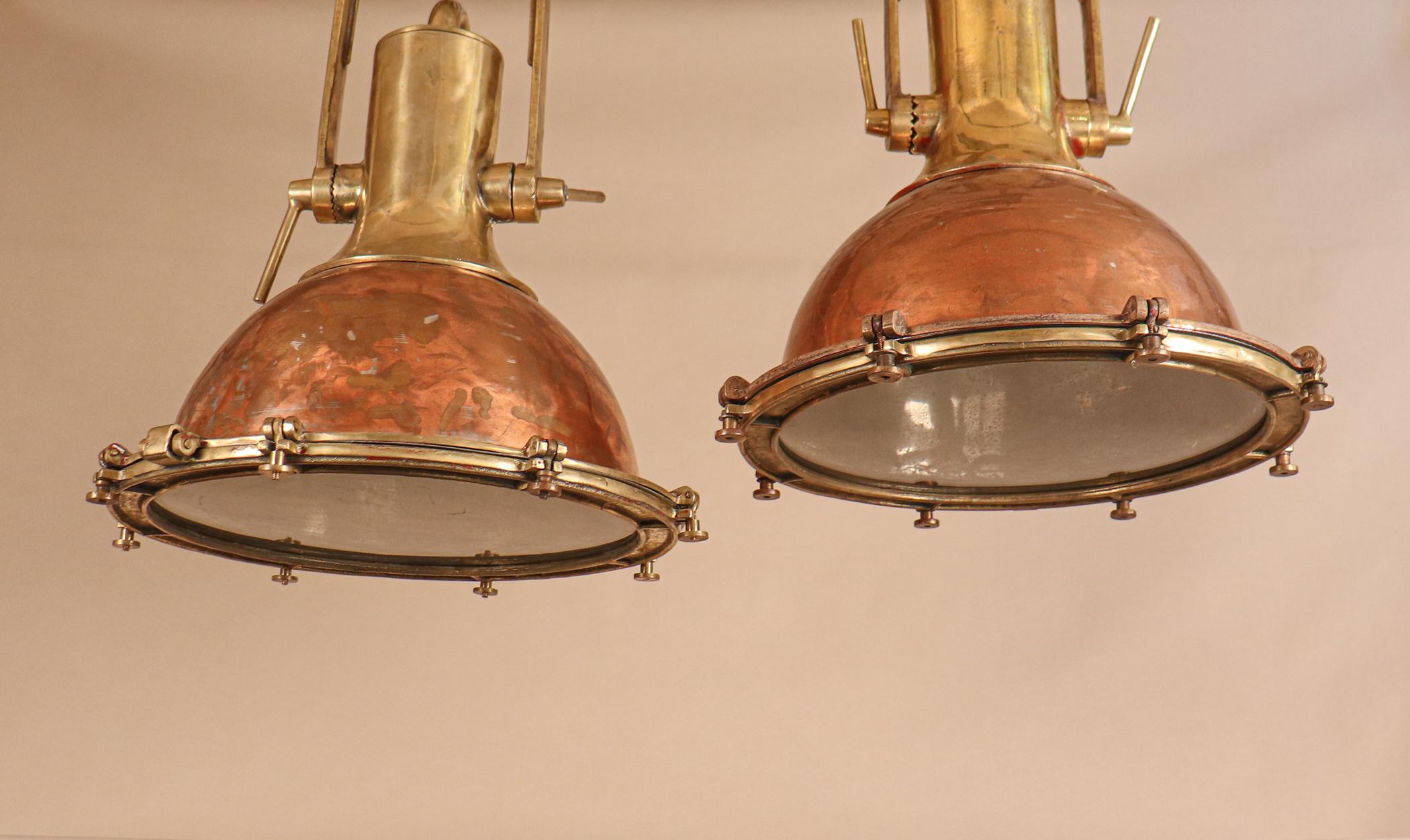 Industrial Set of Large Copper and Brass Nautical Pendant Lights