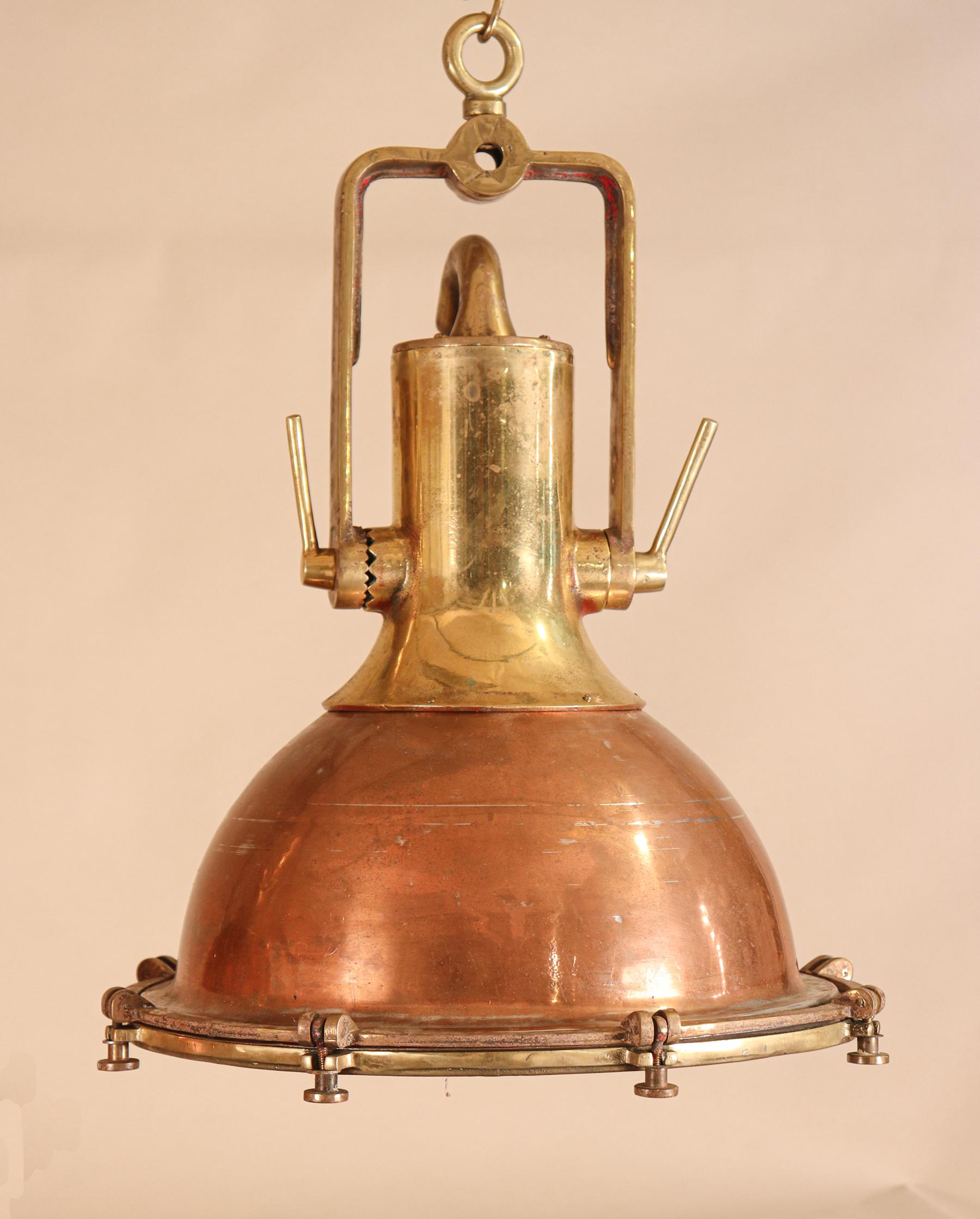 Set of Large Copper and Brass Nautical Pendant Lights In Good Condition In Heath, MA