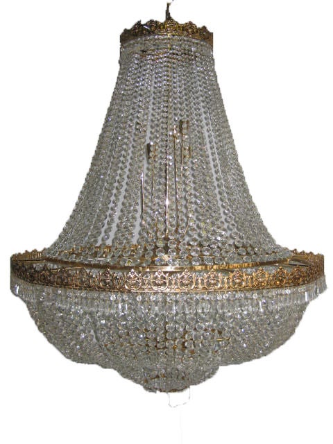 A set of twelve palatial circa 1940s French neoclassic style gilt bronze chandeliers with 22 interior lights and original gilt finish. Sold individually. Price is per piece.

Measurements:
Minimum drop 64