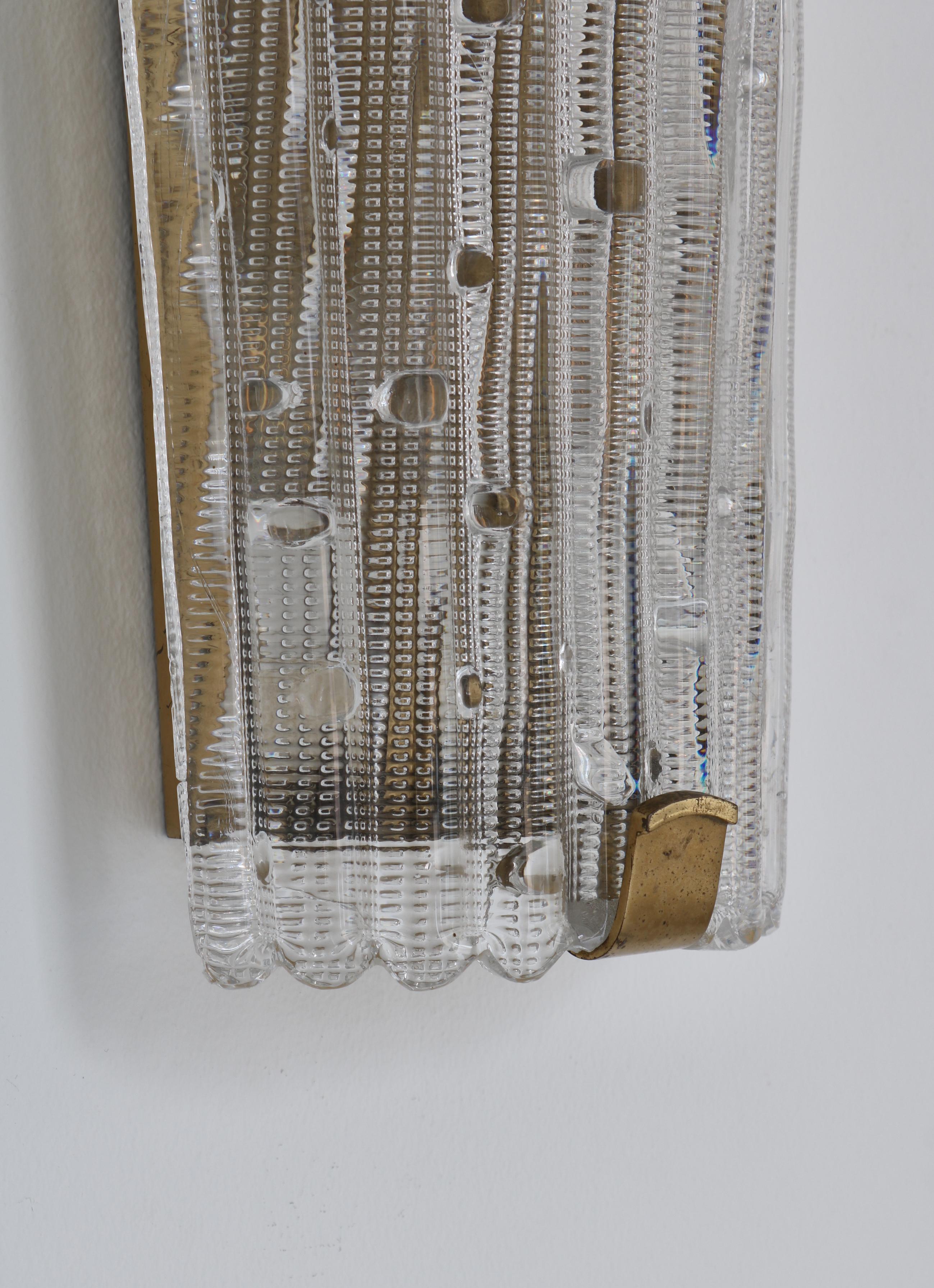 Set of Large Crystal Glass & Brass Wall Sconces by Lyfa Orrefors, Denmark, 1950s For Sale 4
