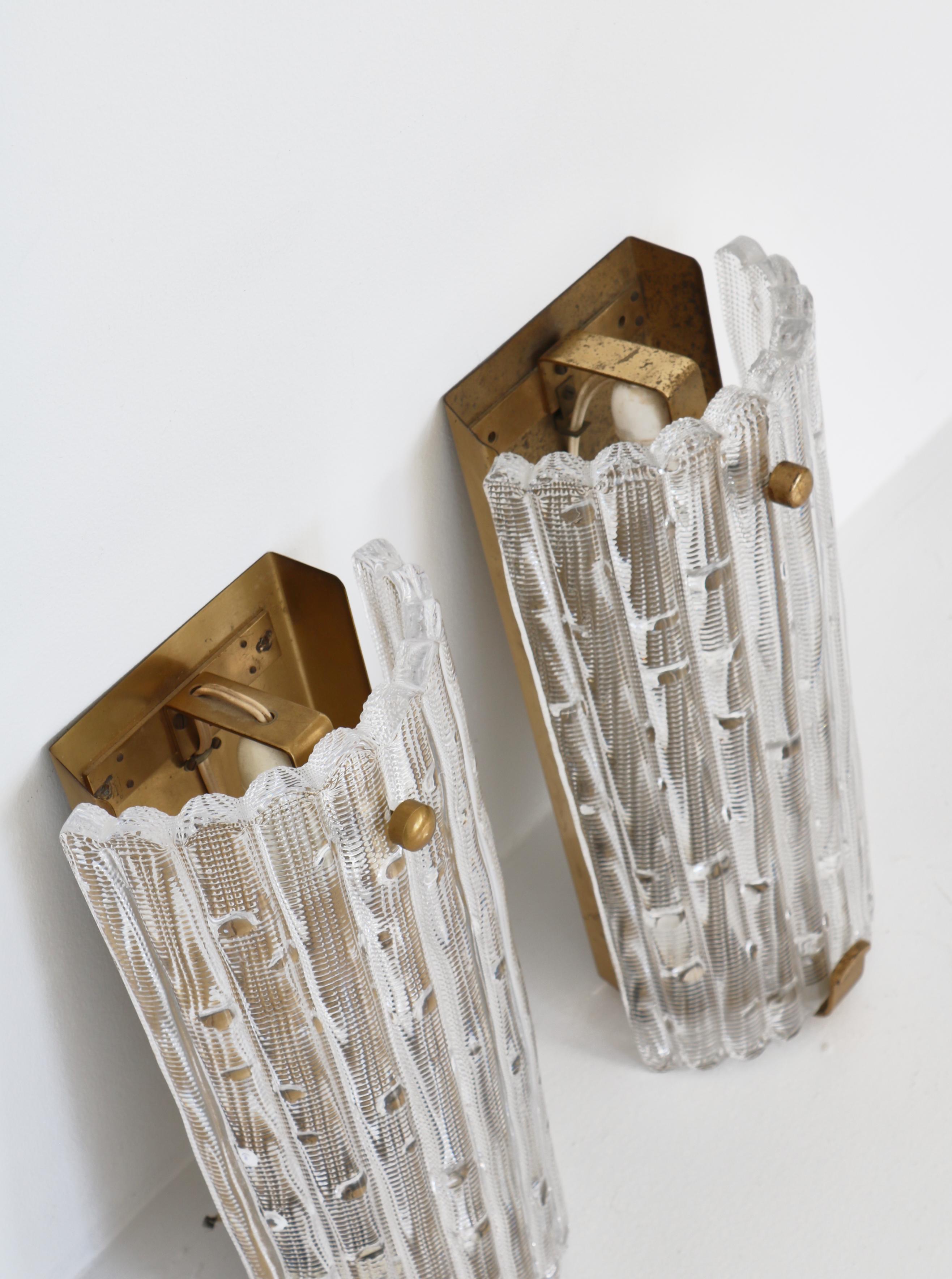 Set of Large Crystal Glass & Brass Wall Sconces by Lyfa Orrefors, Denmark, 1950s For Sale 6