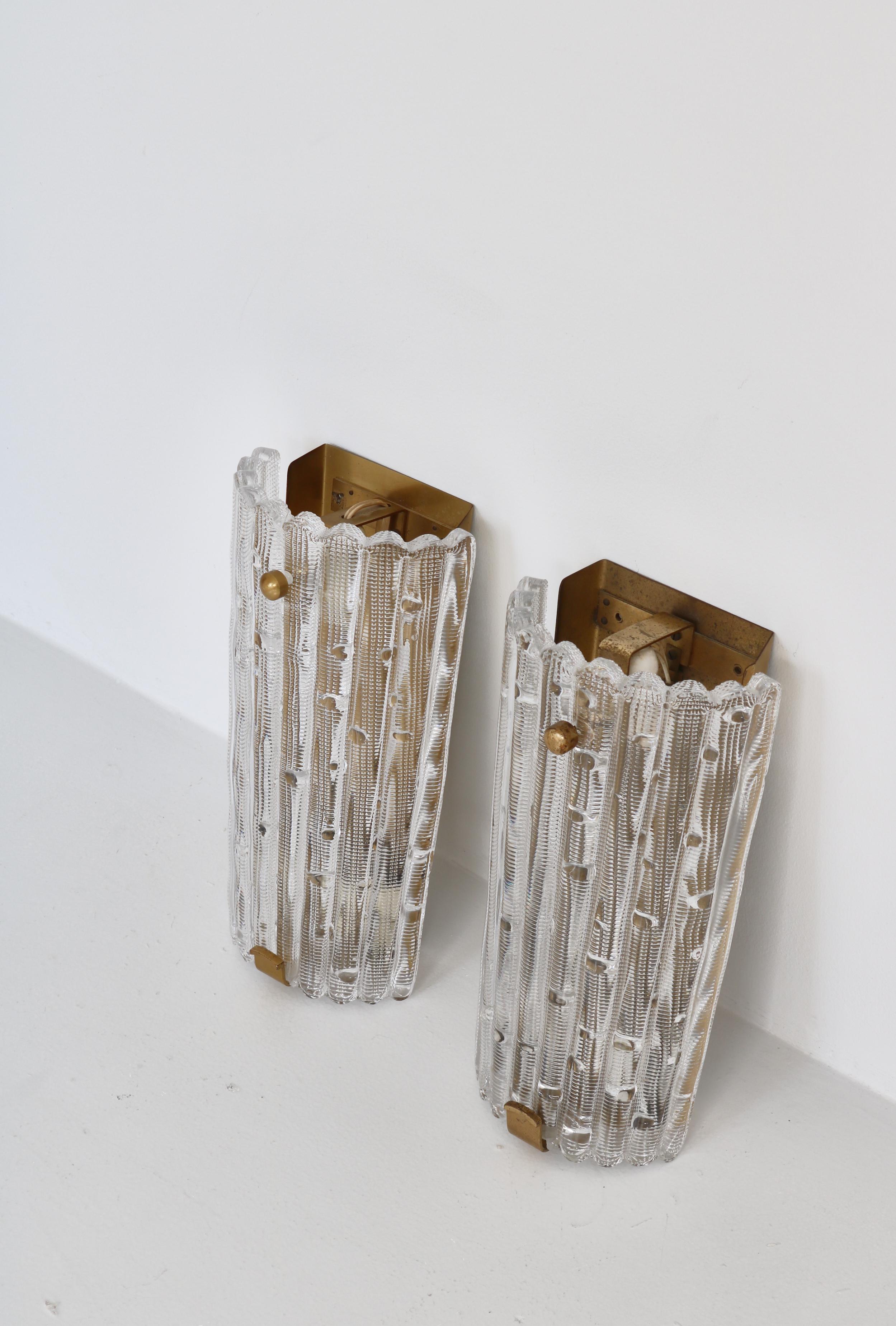 Set of Large Crystal Glass & Brass Wall Sconces by Lyfa Orrefors, Denmark, 1950s For Sale 7