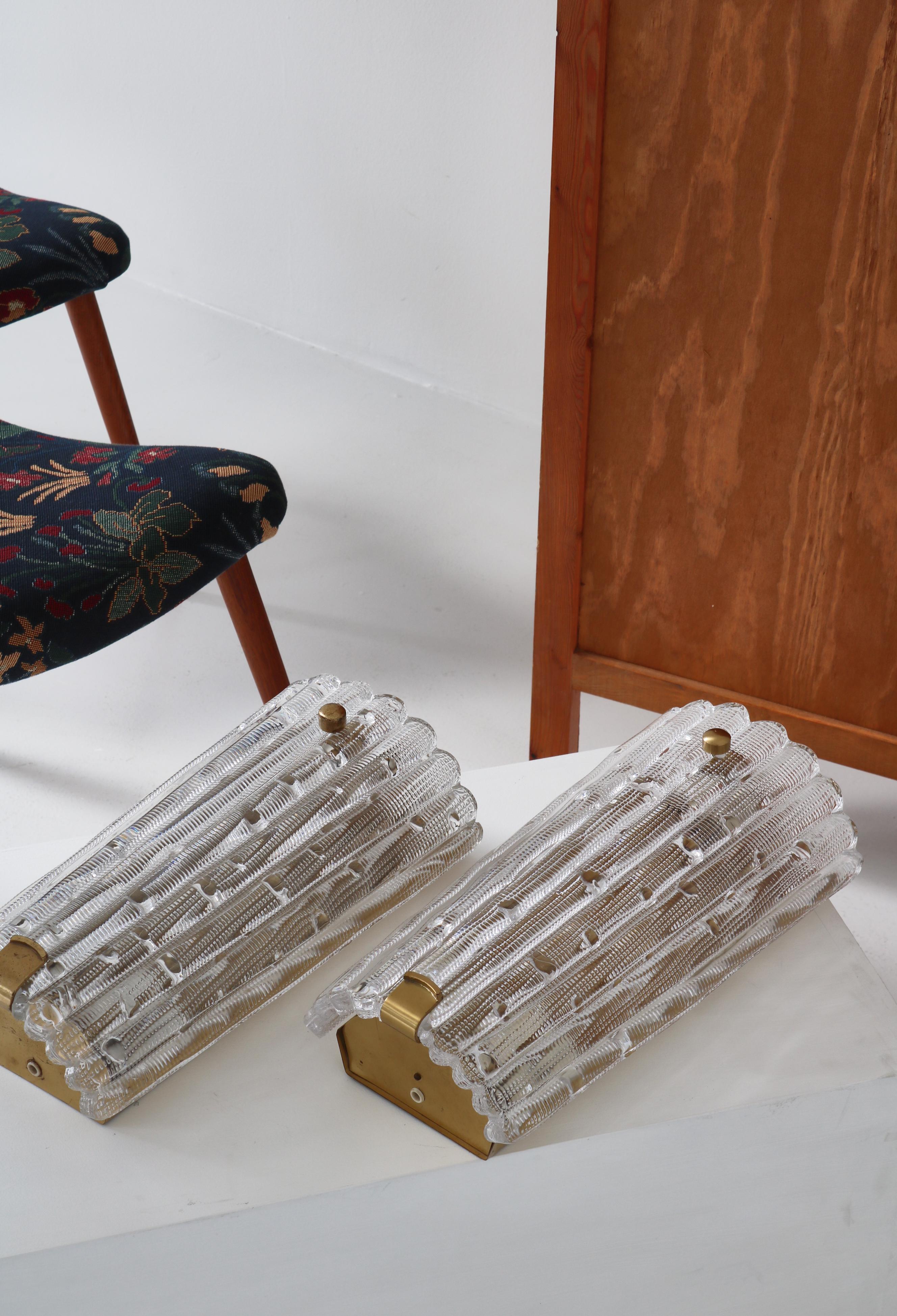 Set of Large Crystal Glass & Brass Wall Sconces by Lyfa Orrefors, Denmark, 1950s For Sale 11