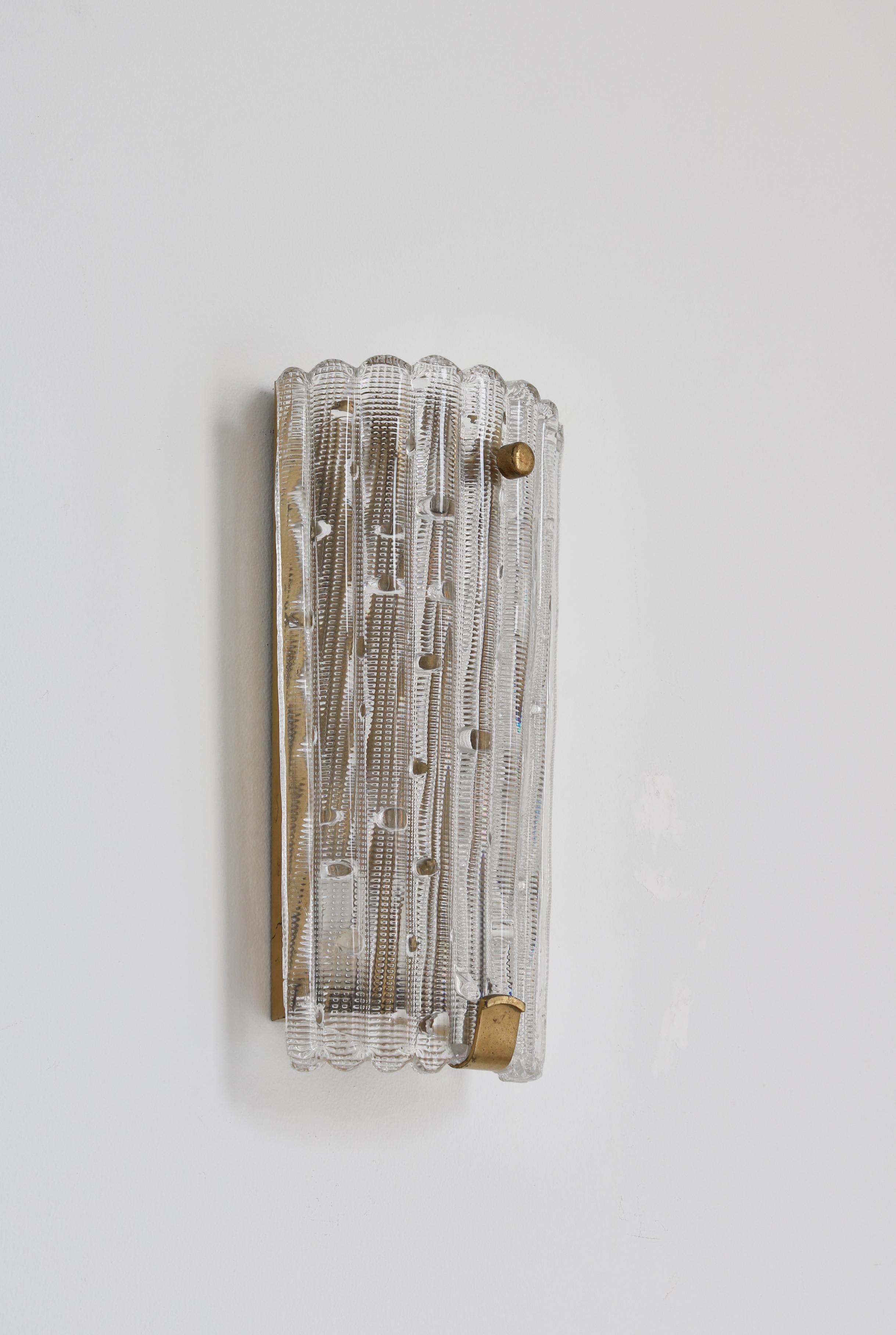 Danish Set of Large Crystal Glass & Brass Wall Sconces by Lyfa Orrefors, Denmark, 1950s For Sale