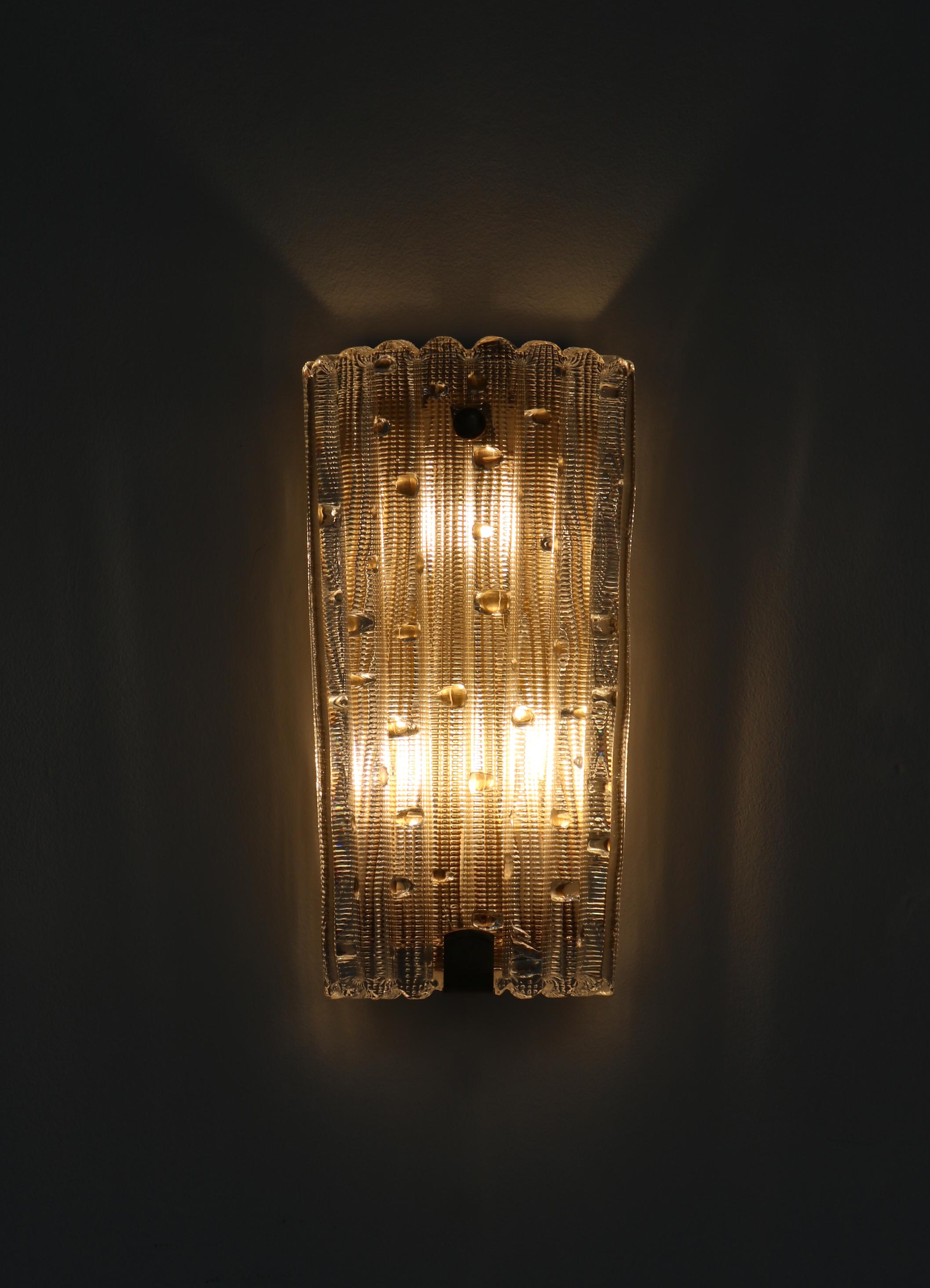 Mid-20th Century Set of Large Crystal Glass & Brass Wall Sconces by Lyfa Orrefors, Denmark, 1950s For Sale