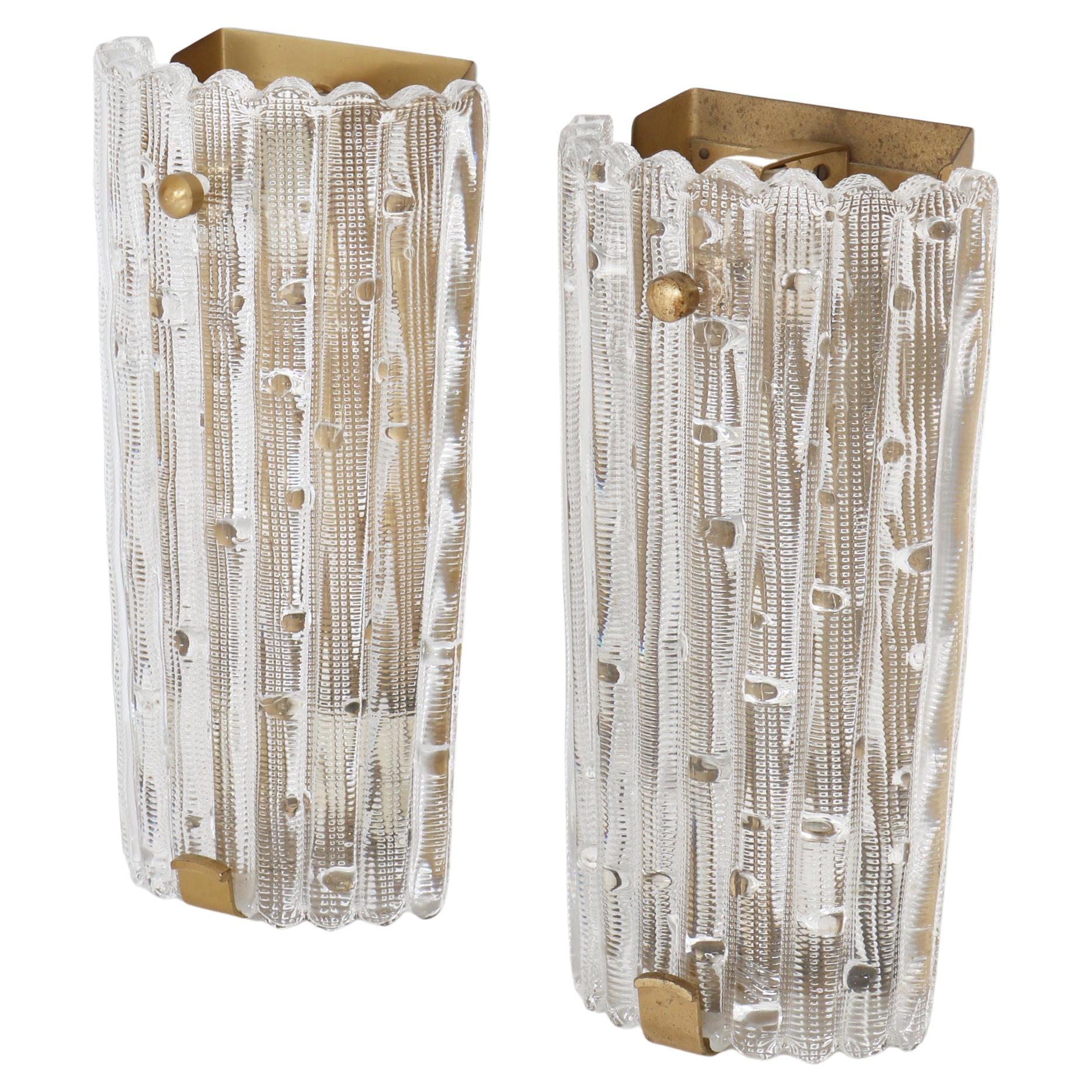 Set of Large Crystal Glass & Brass Wall Sconces by Lyfa Orrefors, Denmark, 1950s