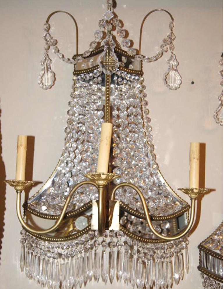 French Set of Large Crystal and Mirror Back Sconces, Sold Per Pair For Sale