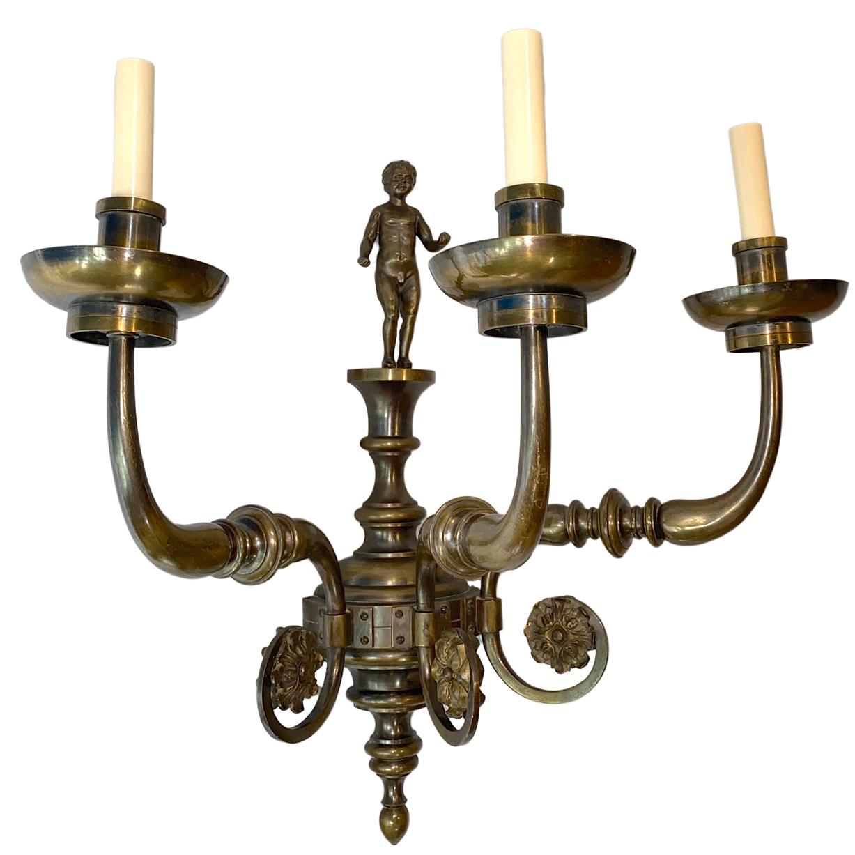 Patinated Set of Large Dutch Sconces, Sold Per Pair For Sale