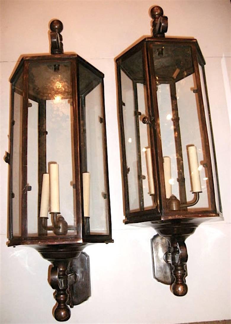 Bronze Set of Large English Wall Lanterns, Sold Per Pair For Sale