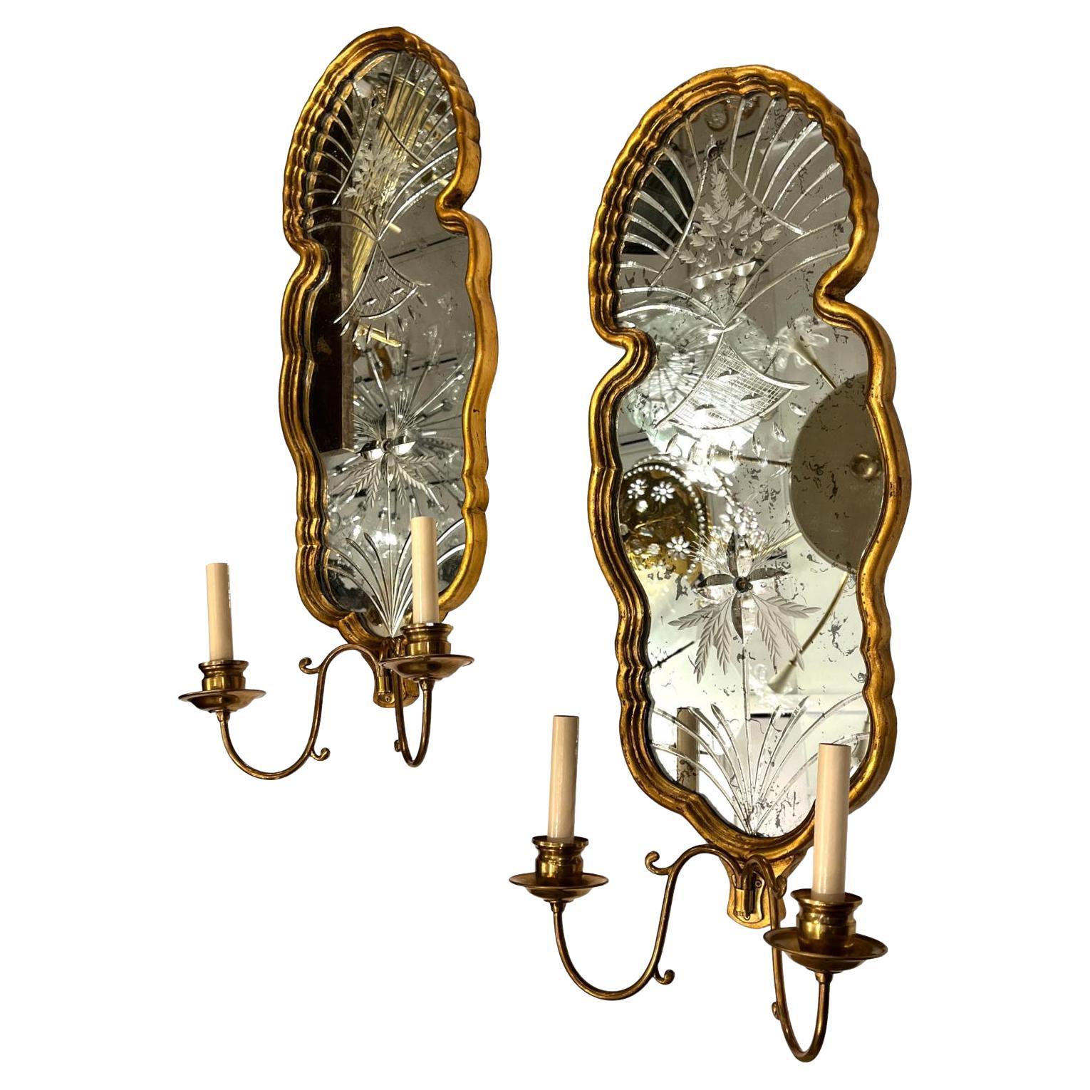 Set of Large Etched Mirrored Sconces, Sold Per Pair
