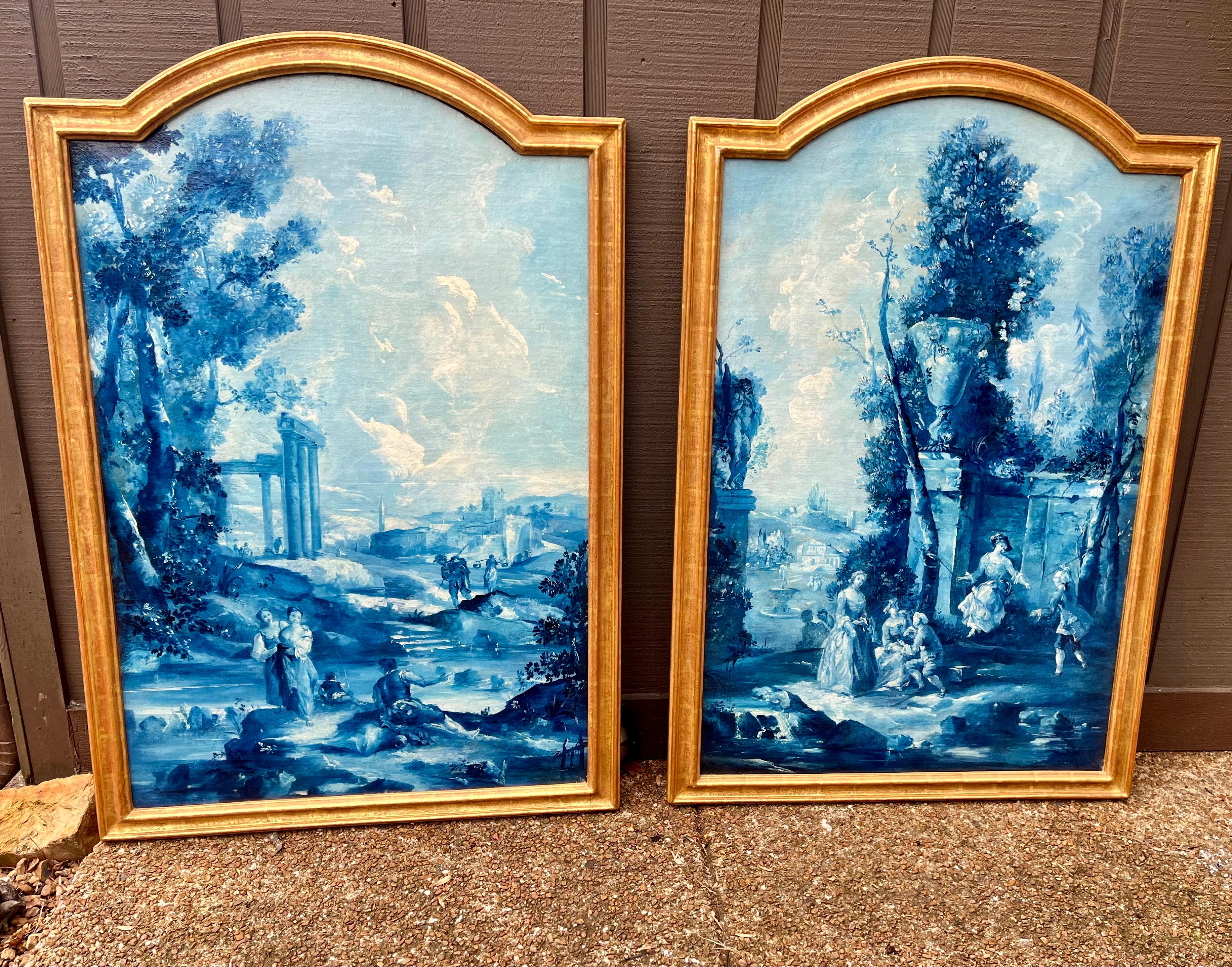 Romantic Set of Large French Blue Oil on Canvas Landscapes  For Sale
