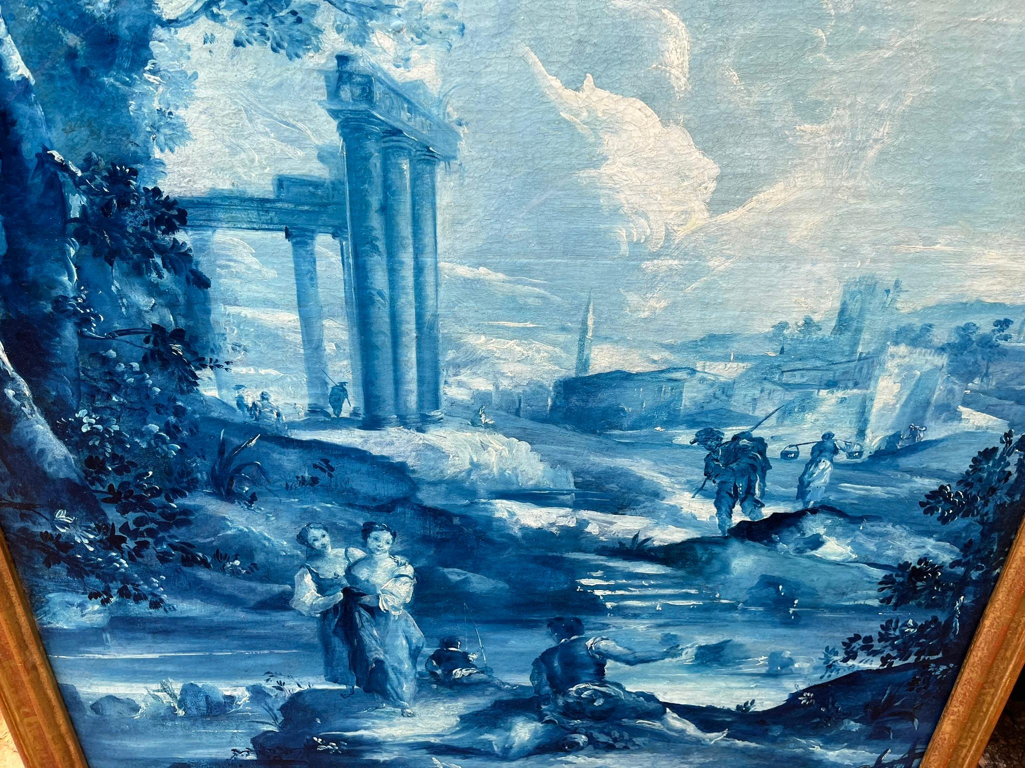 Set of Large French Blue Oil on Canvas Landscapes  In Fair Condition For Sale In Nashville, TN