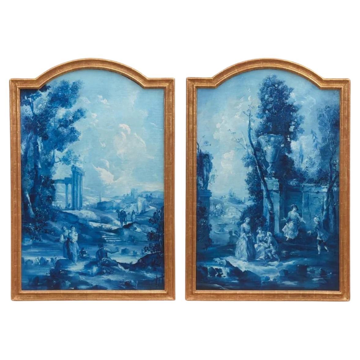 Set of Large French Blue Oil on Canvas Landscapes 