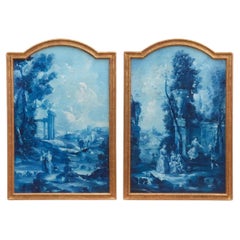 Antique Set of Large French Blue Oil on Canvas Landscapes 