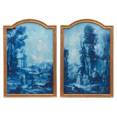 Conjunto de grandes paisajes azules franceses al óleo sobre lienzo