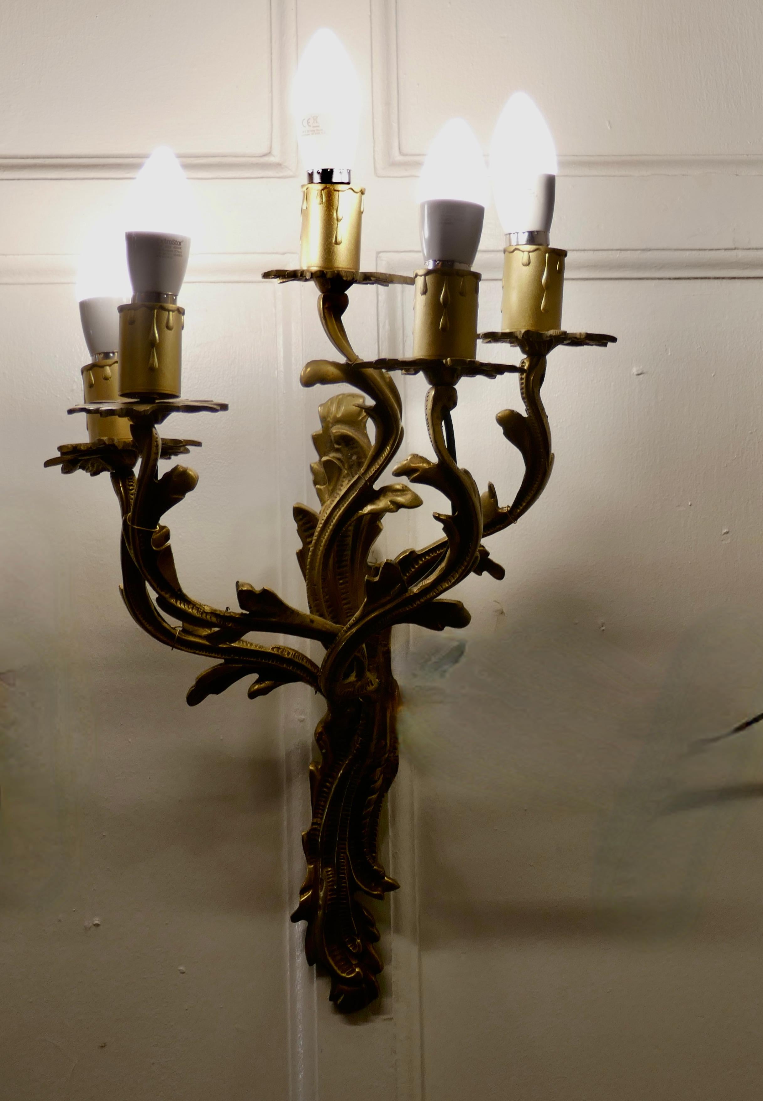 Set of large French brass 5 branch wall lights

A very handsome pair of large heavy brass wall lights, the lights are in the classical style of a twisted acanthus leaf scroll branches
Each light has 5 branches each with a sconce and candle