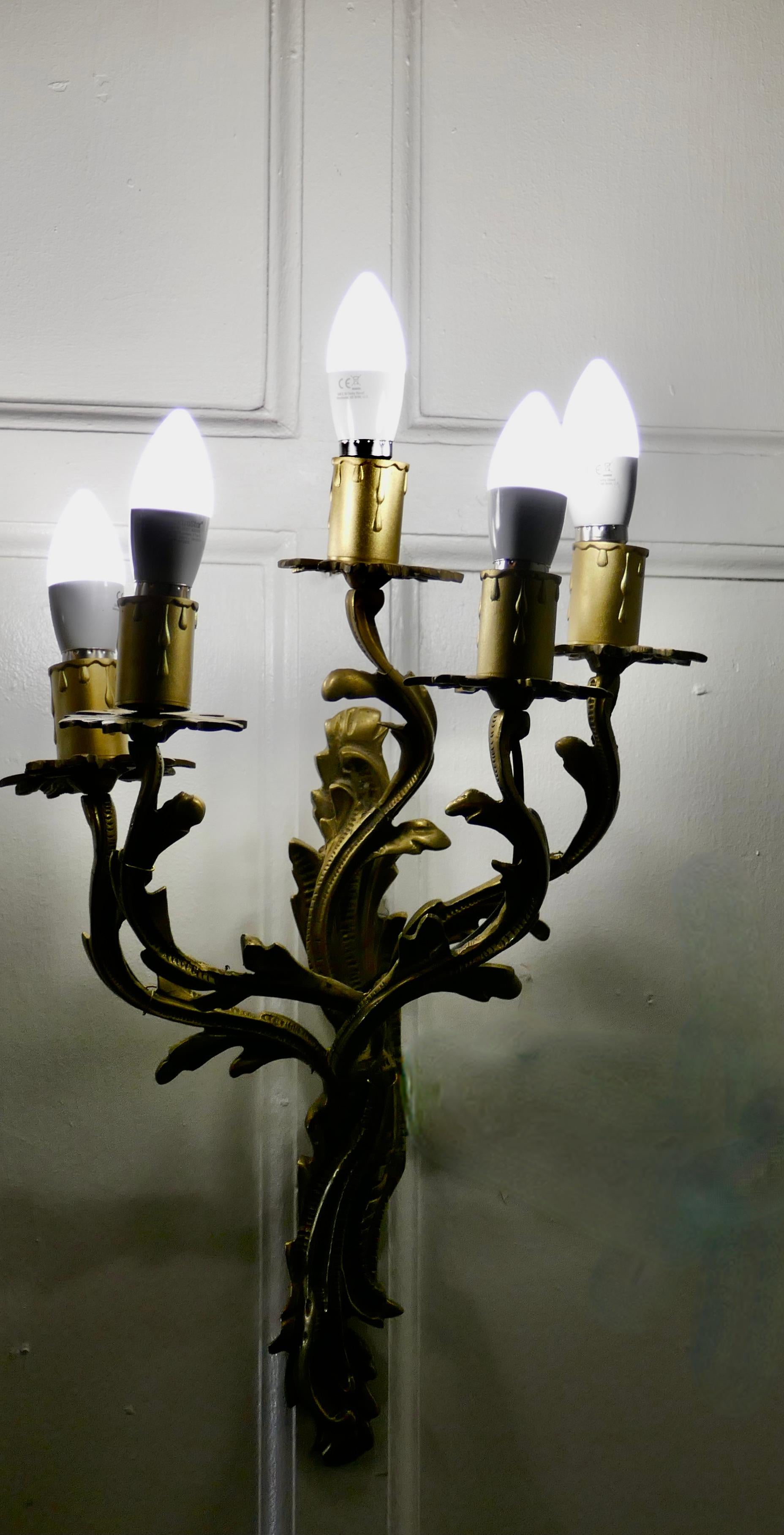 Rococo Revival Set of Large French Brass 5 Branch Wall Lights For Sale