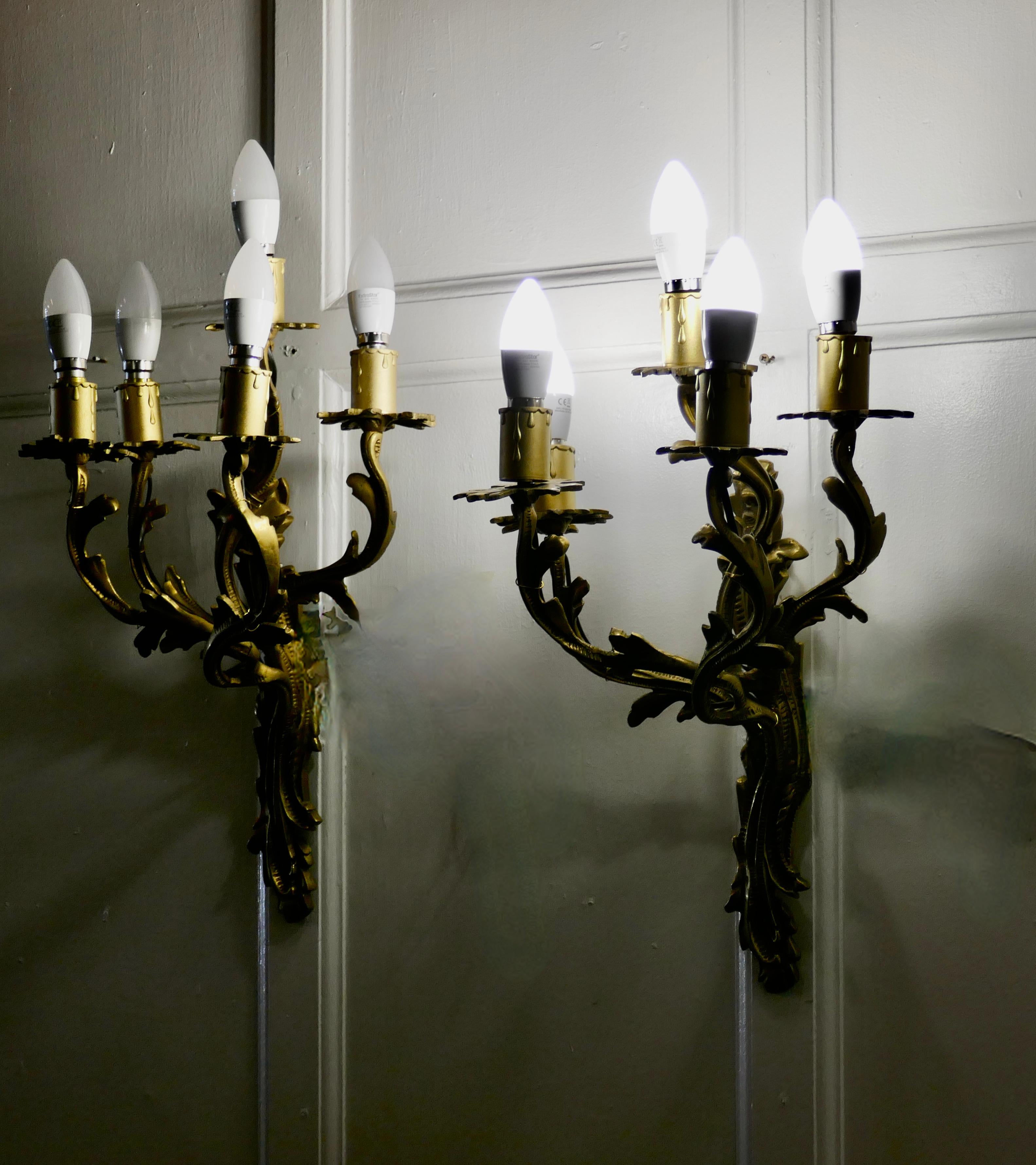 20th Century Set of Large French Brass 5 Branch Wall Lights For Sale