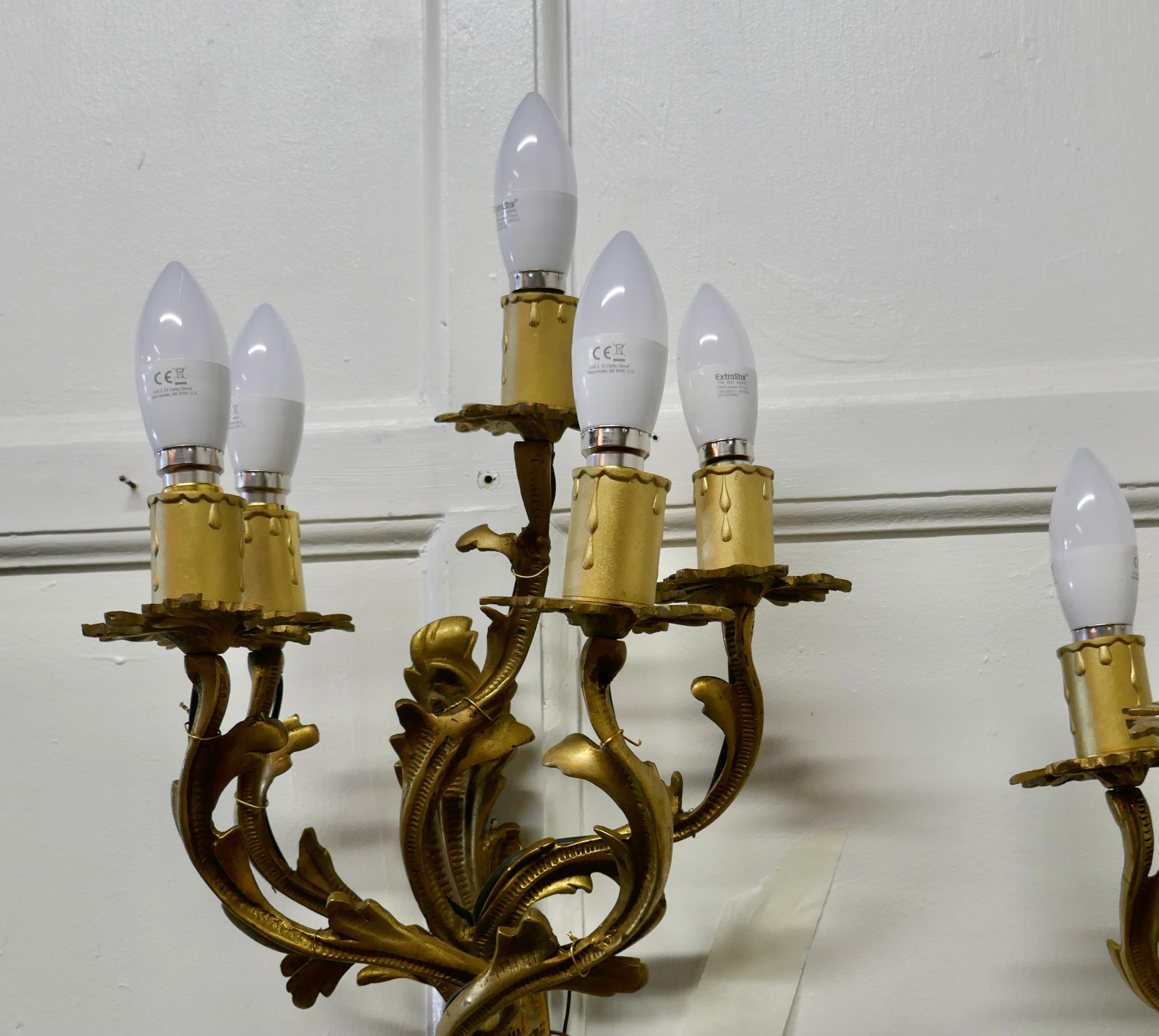 Set of Large French Brass 5 Branch Wall Lights For Sale 1