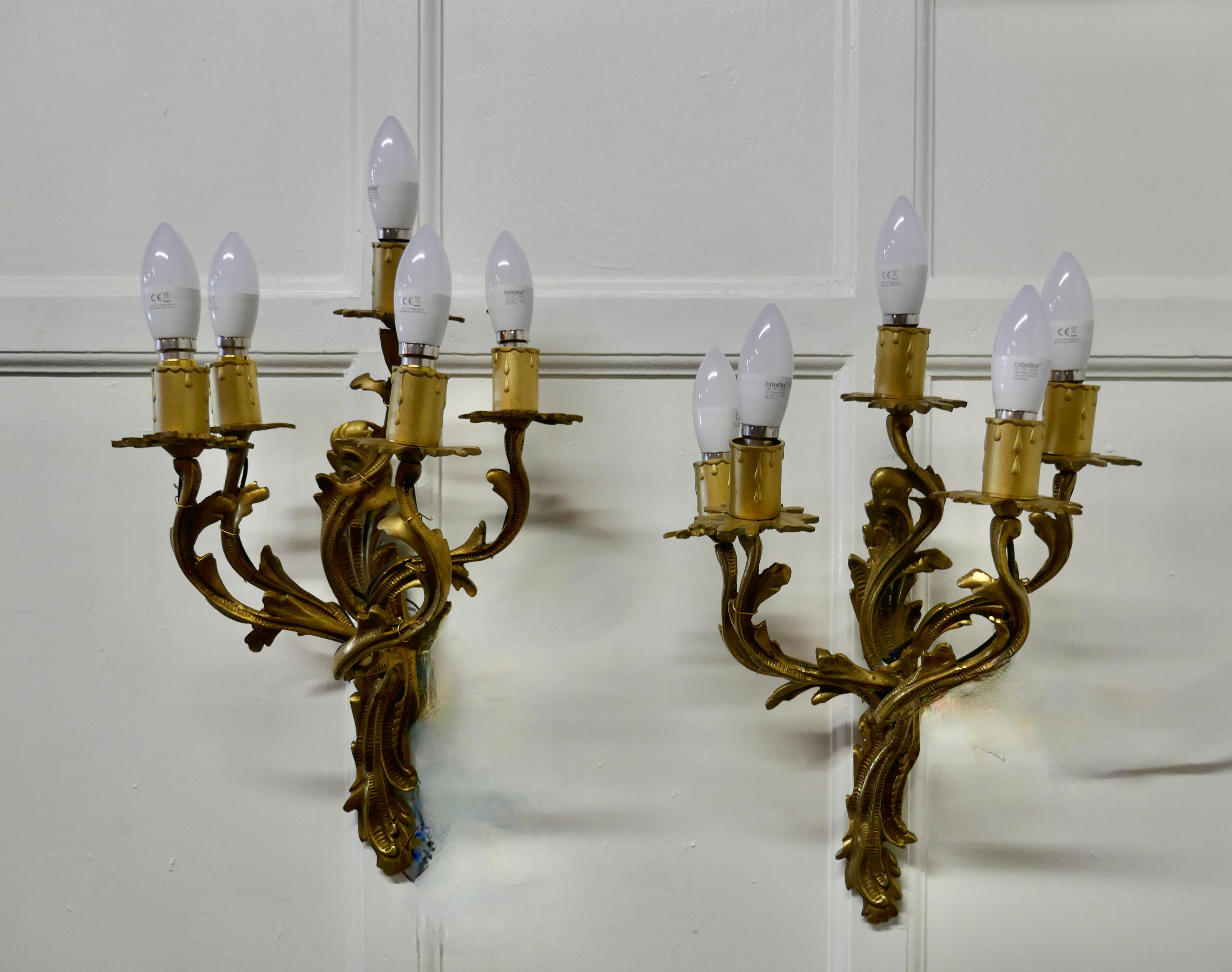 Set of Large French Brass 5 Branch Wall Lights For Sale 2