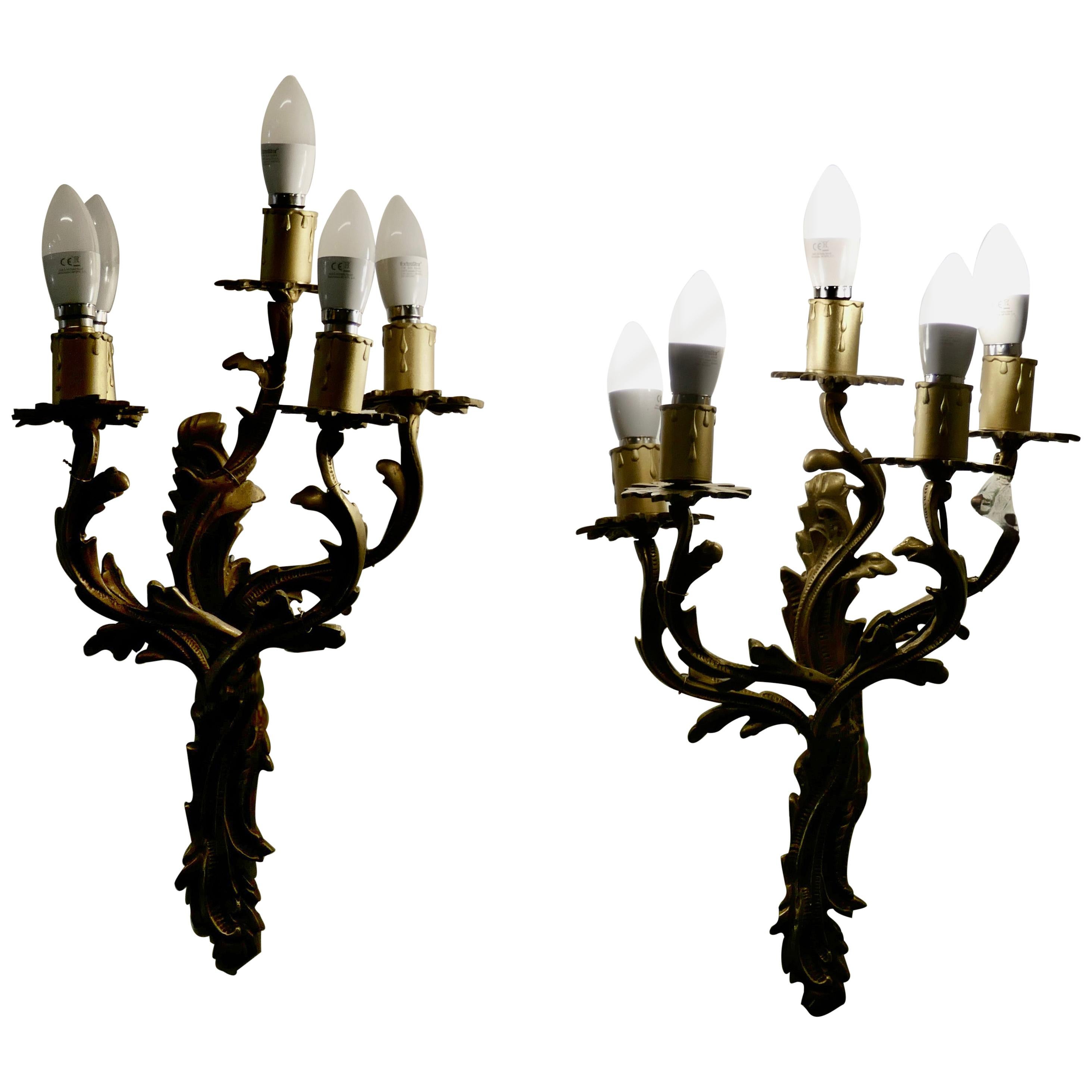 Set of Large French Brass 5 Branch Wall Lights For Sale