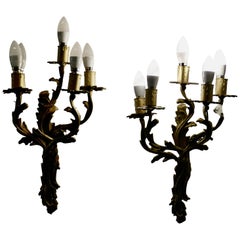 Vintage Set of Large French Brass 5 Branch Wall Lights